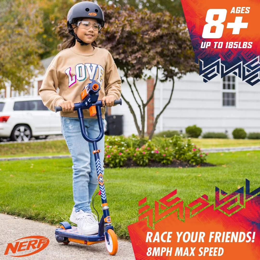 NERF 12 Volt Electric Scooter with Blaster, Foldable Scooter, Kick Scooter for Kids Ages 8 and up