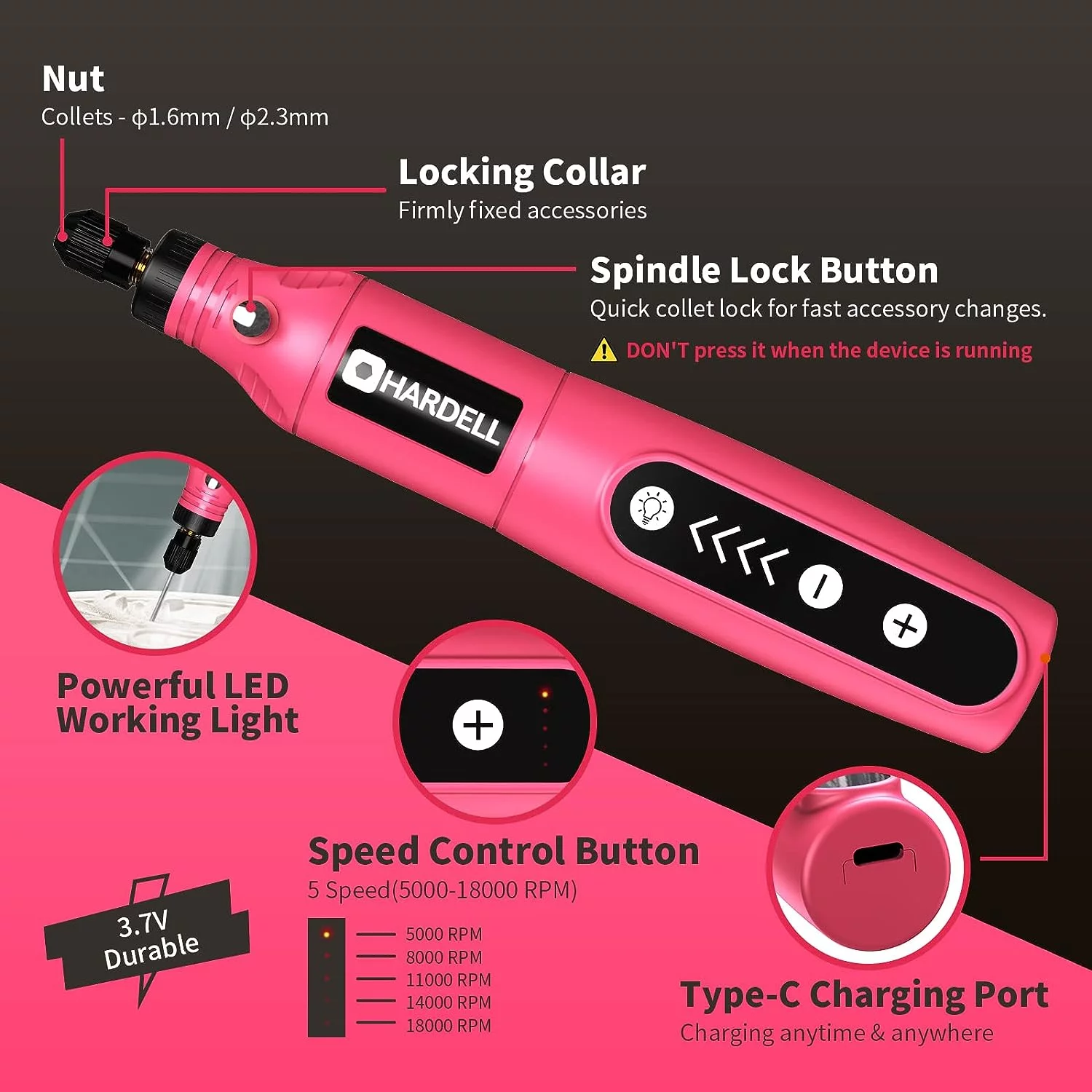 HARDELL Mini Cordless Rotary Tool,5-Speed 3.7V Rechargeable Rotary Tool Kit with 61 Accessories, for Polishing, Engraving, DIY Etc