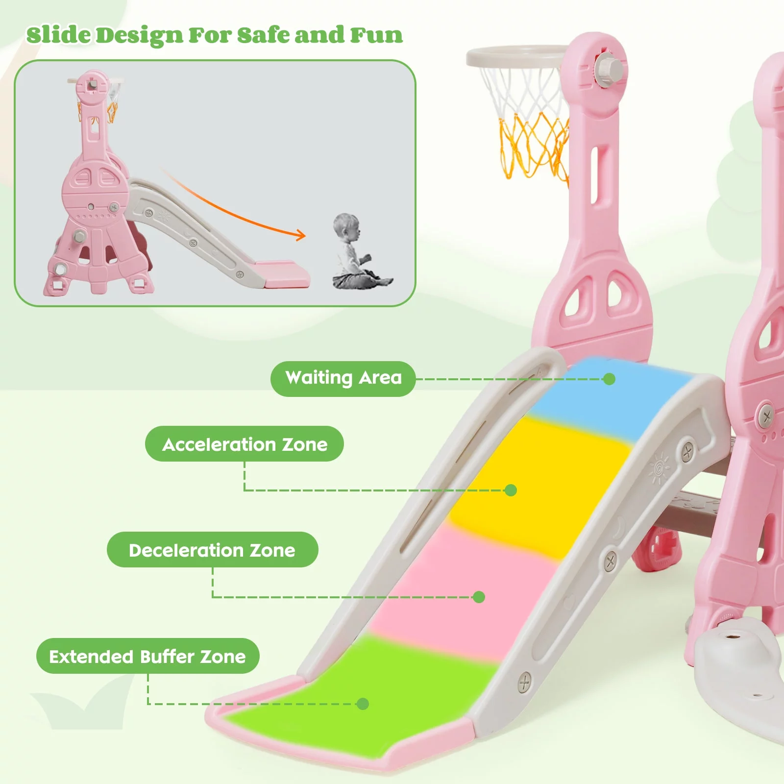 Ealing   4 in 1  Slide and Swing Set for Toddler  Indoor and Outdoor Baby Slide Climber Playset  with Basketball Hoop &  Backyard Playground Swing Slide for Boys and Girl Slide length: 11.02′ L Pink