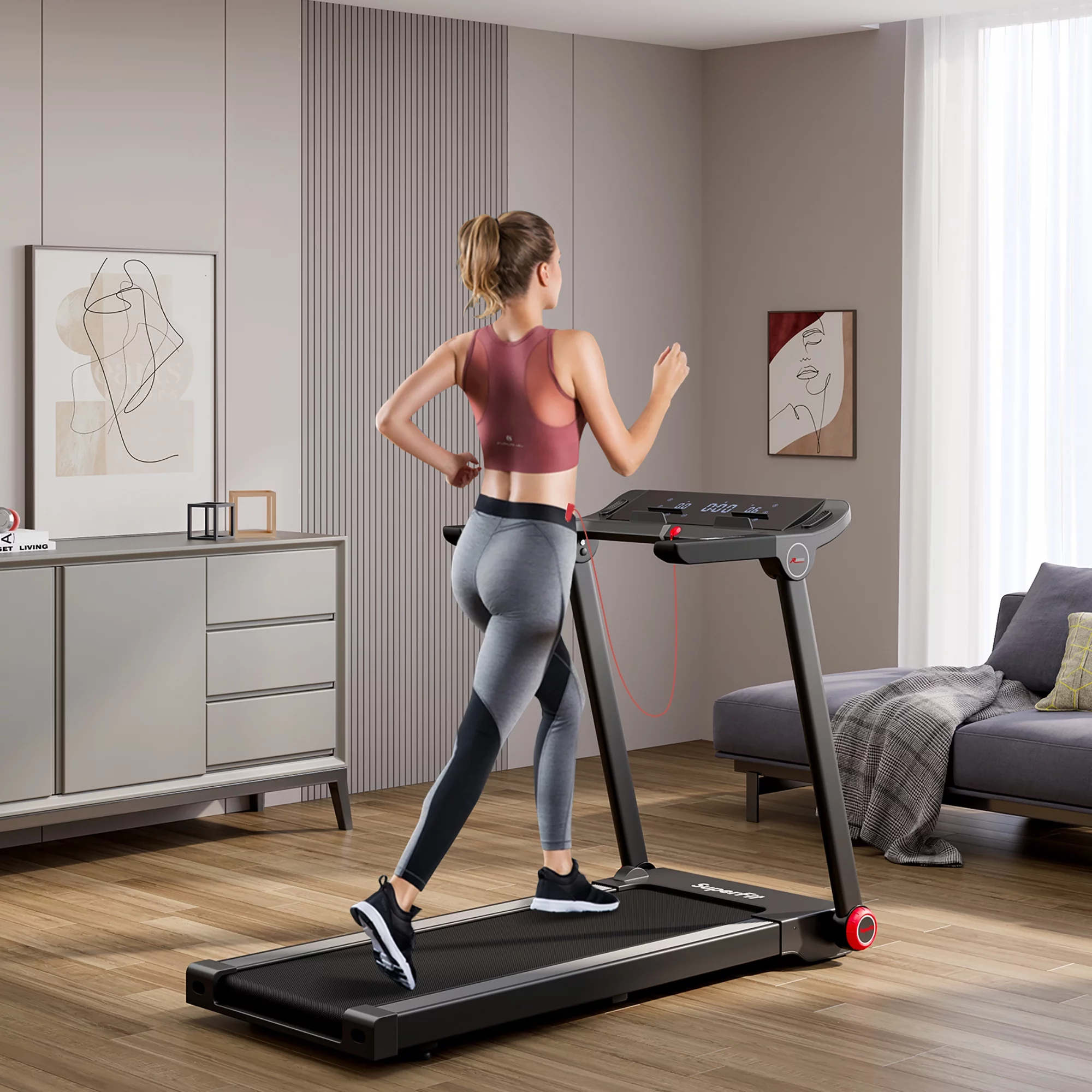 SuperFit 3.75HP Folding Treadmill Electric Running Machine W/Bluetooth APP Self-standing