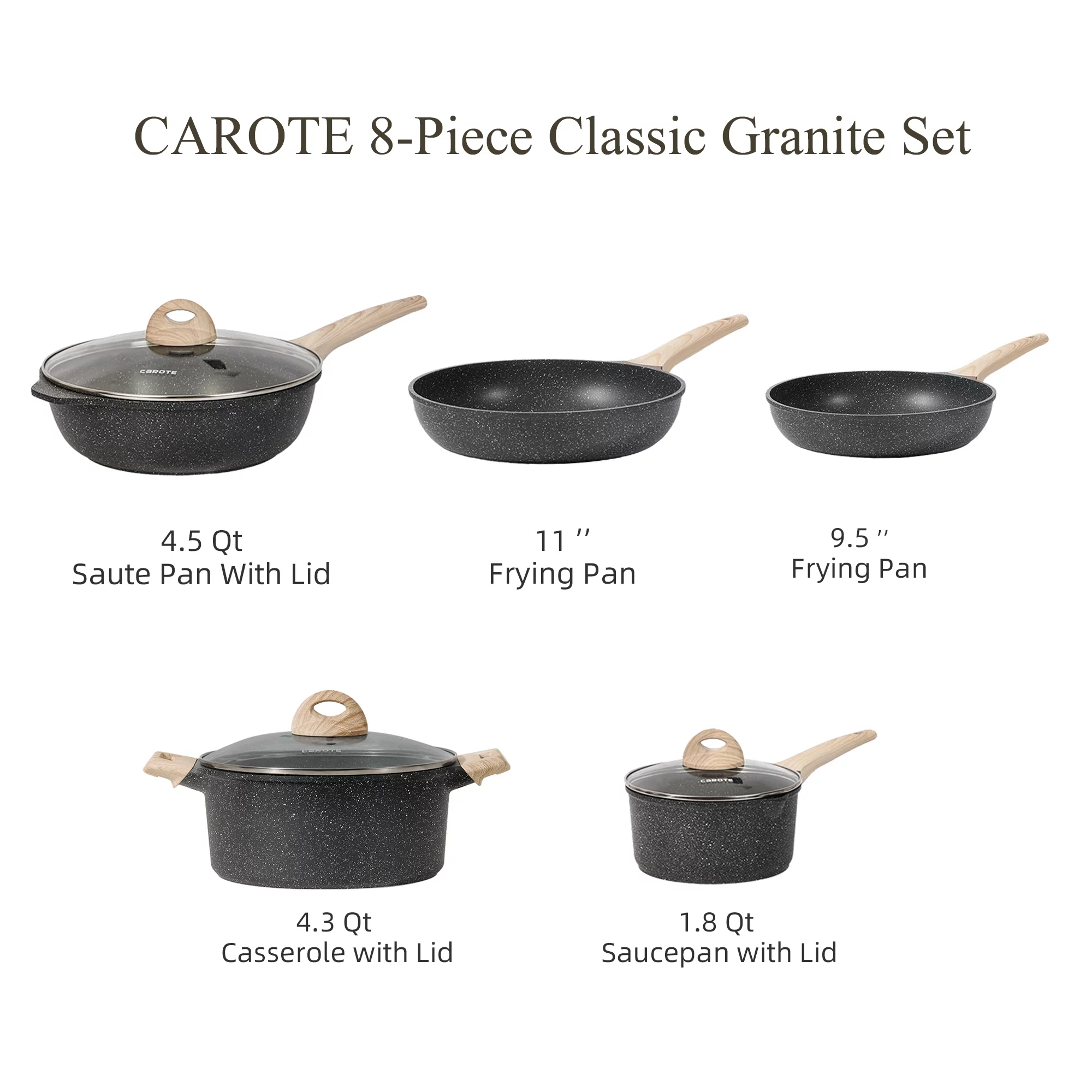 Carote Nonstick Pots and Pans Set, 8 Pcs Induction Kitchen Cookware Sets (Black)