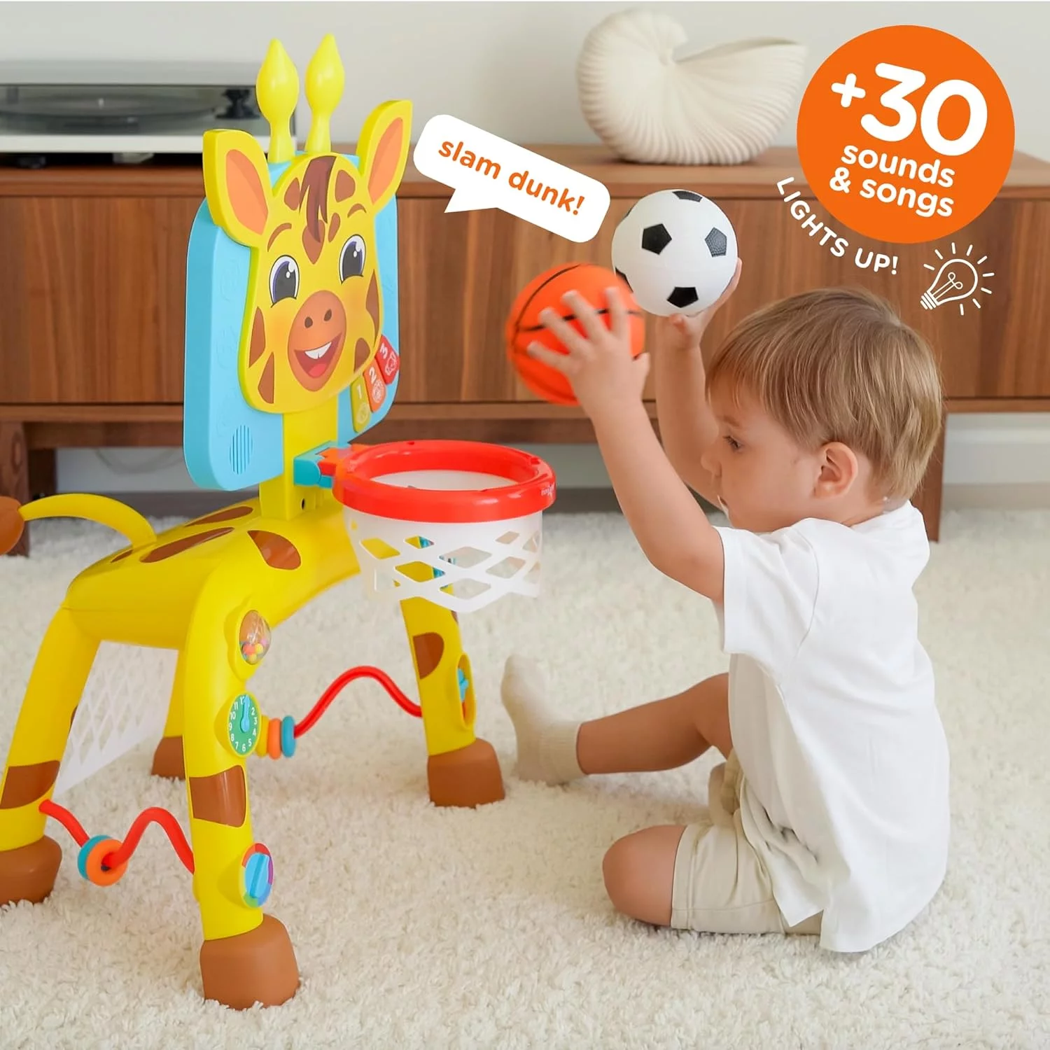 Move2play, Giraffe Basketball Hoop & Soccer Goal Activity Center | 30+ Sounds & Songs + 5 Lights | 1 2 3 Year Old Birthday Gift for Boys and Girls | Toy for Baby & Toddlers