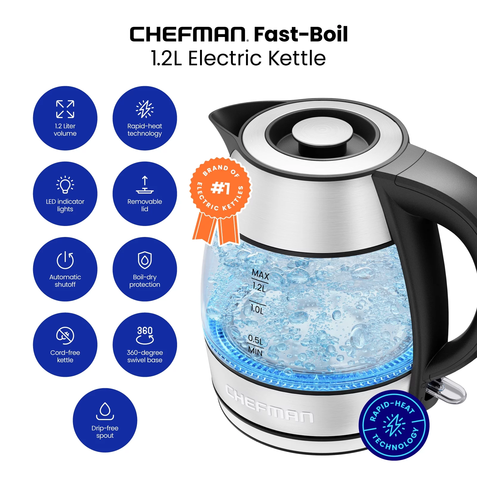 Chefman Rapid Boil Glass Kettle, 1.2 Liter, 1500 Watts for Fastest Boiling Speed, Stainless Steel