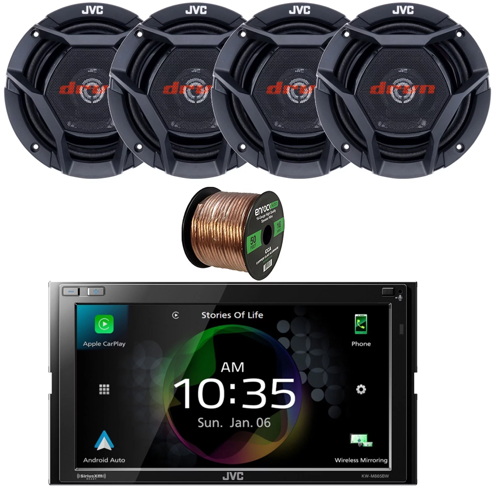 JVC KW-M865BW Double DIN Bluetooth Dual USB Digital Media Car Audio Receiver Bundle Combo with 4x 6.75″ 300 Watts Max Power Shallow-Mount Coaxial Car Audio Speakers and 16G Speaker Wire