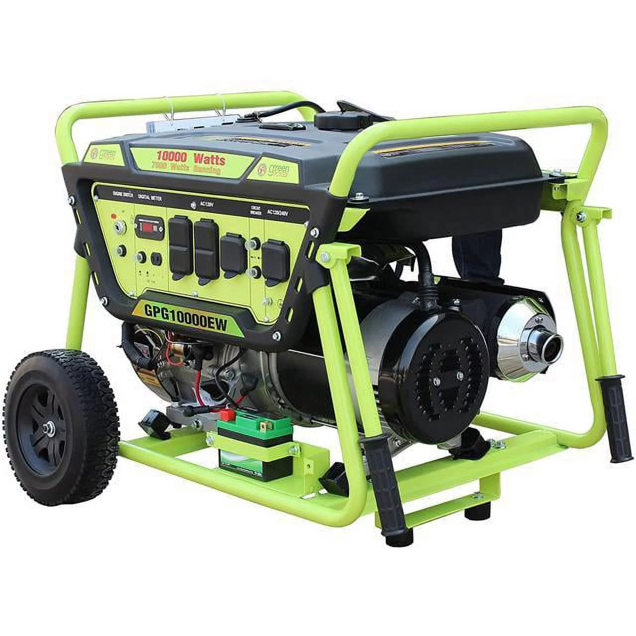 Green-Power America Gas Generator w/ Electric Start Pro Series GPG10000EW delievers 10000 watts of starting power and 7500 watts of continious power.