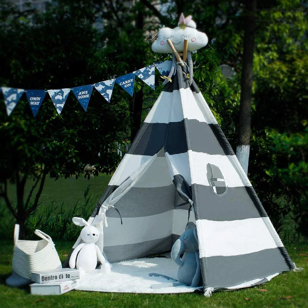 Kids& Pets 6ft Teepee Tent Playhouse 100% Natural Cotton Canvas with Window & Carrying Bag,Foldable Playhouse for Indoor & Outdoor(Grey&White Stripe)