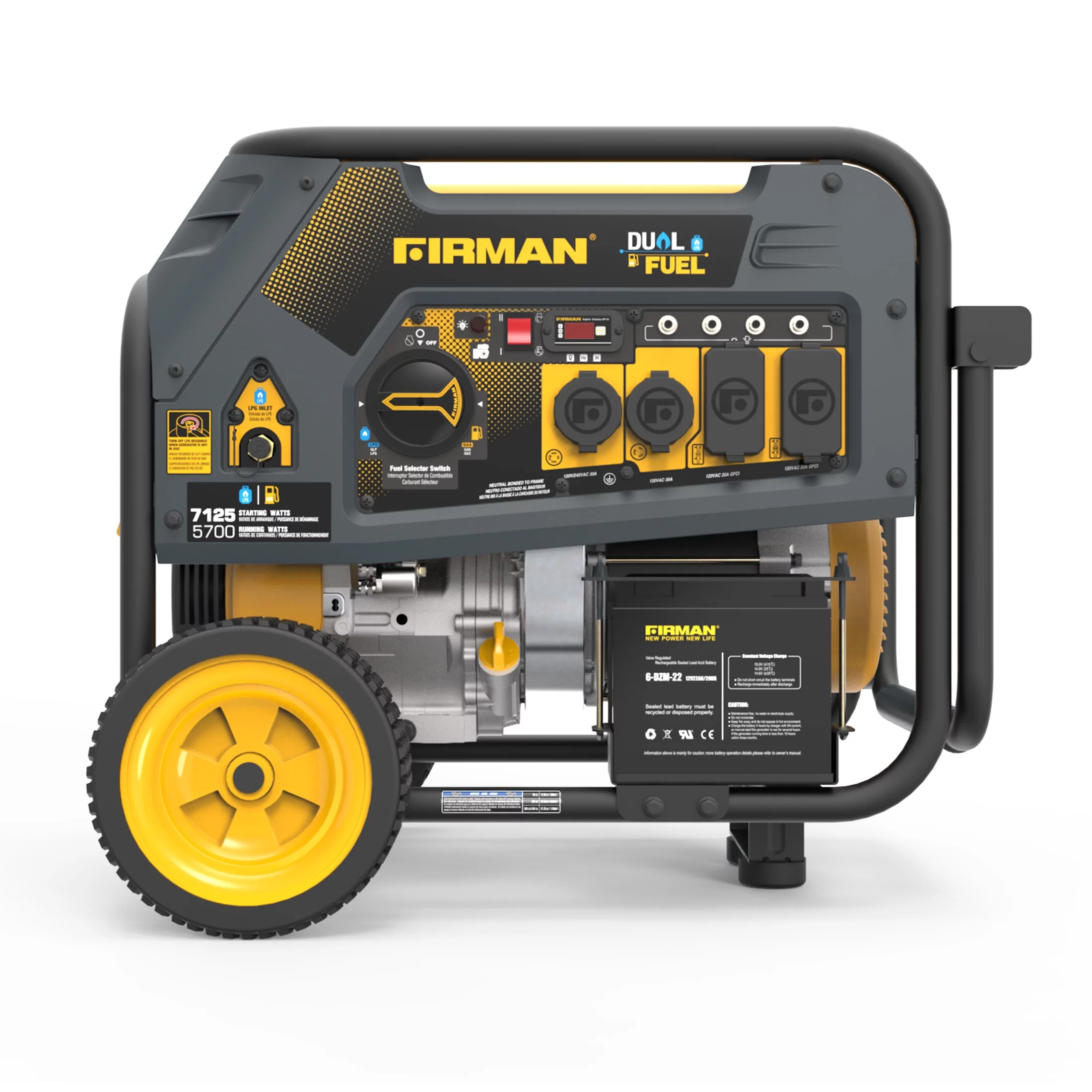 FIRMAN 4550/3650 Watt Recoil Start Gas or Propane Dual Fuel Portable Generator CARB and cETL Certified With Wheel Kit