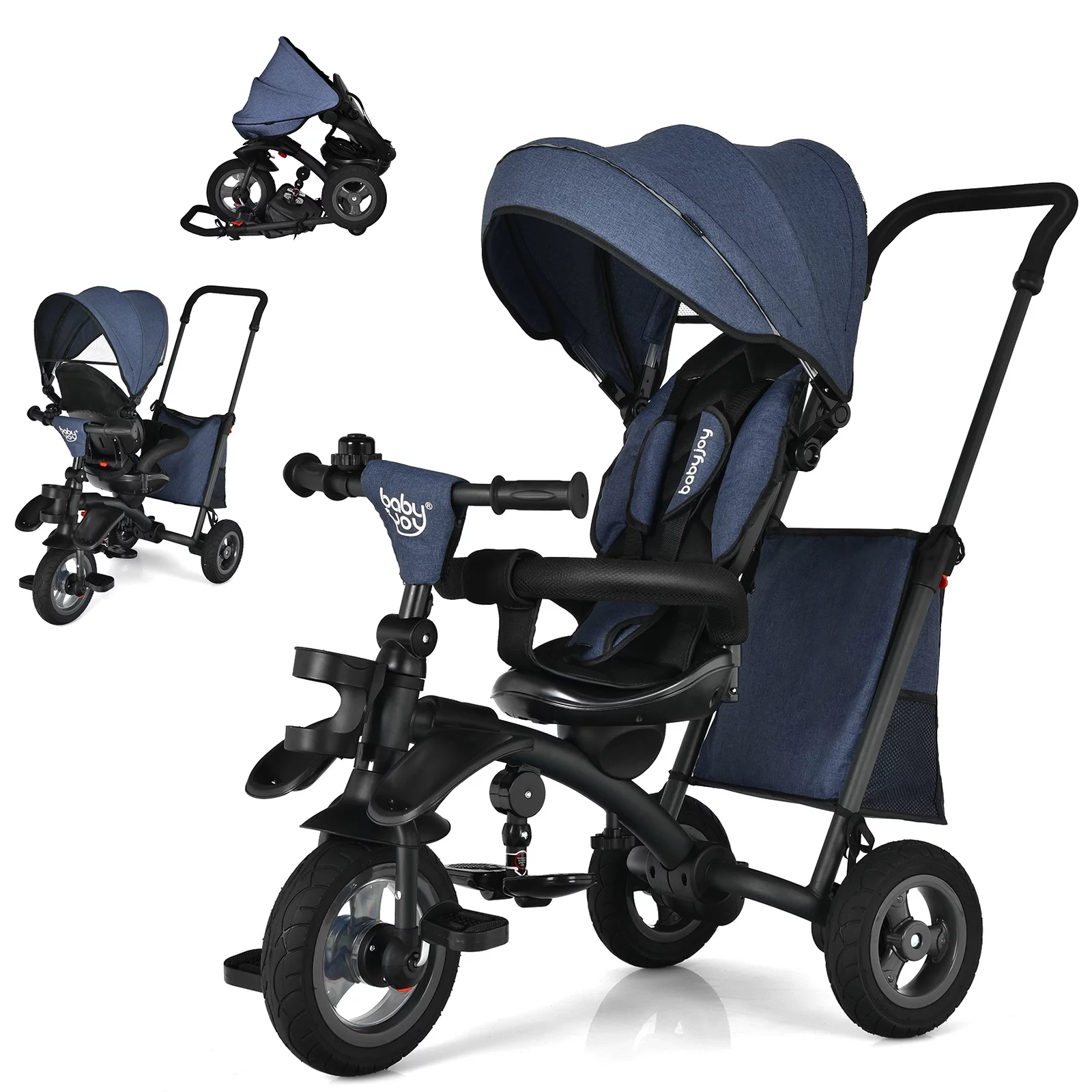 Infans 7-In-1 Kids Baby Tricycle Folding Steer Stroller w/ Rotatable Seat Blue