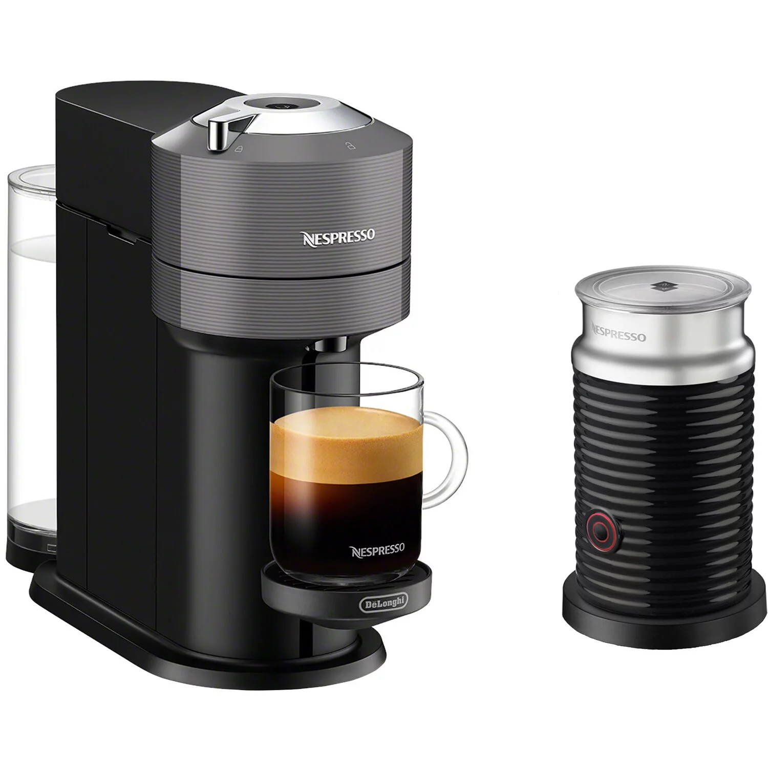 Nespresso by De’Longhi Vertuo Next Premium Coffee and Espresso Maker in Chrome Plus Aeroccino3 Milk Frother in Black, ENV120CAE