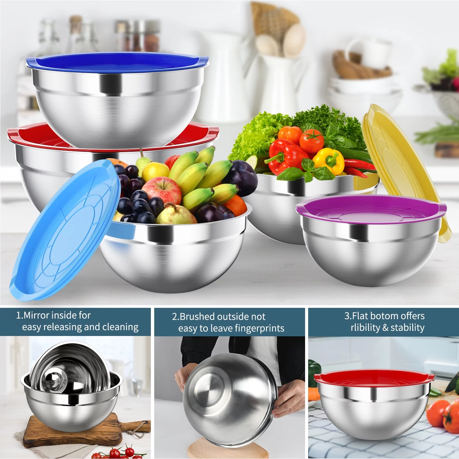 TINANA Mixing Bowls with Lids: Stainless Steel Mixing Bowls Set – 7PCS Metal Nesting Mixing Bowls for Kitchen, Size 7, 4.5, 3, 2, 1.5, 1, 0.7 QT, Great for Prep, Baking, Serving-Multi-Color