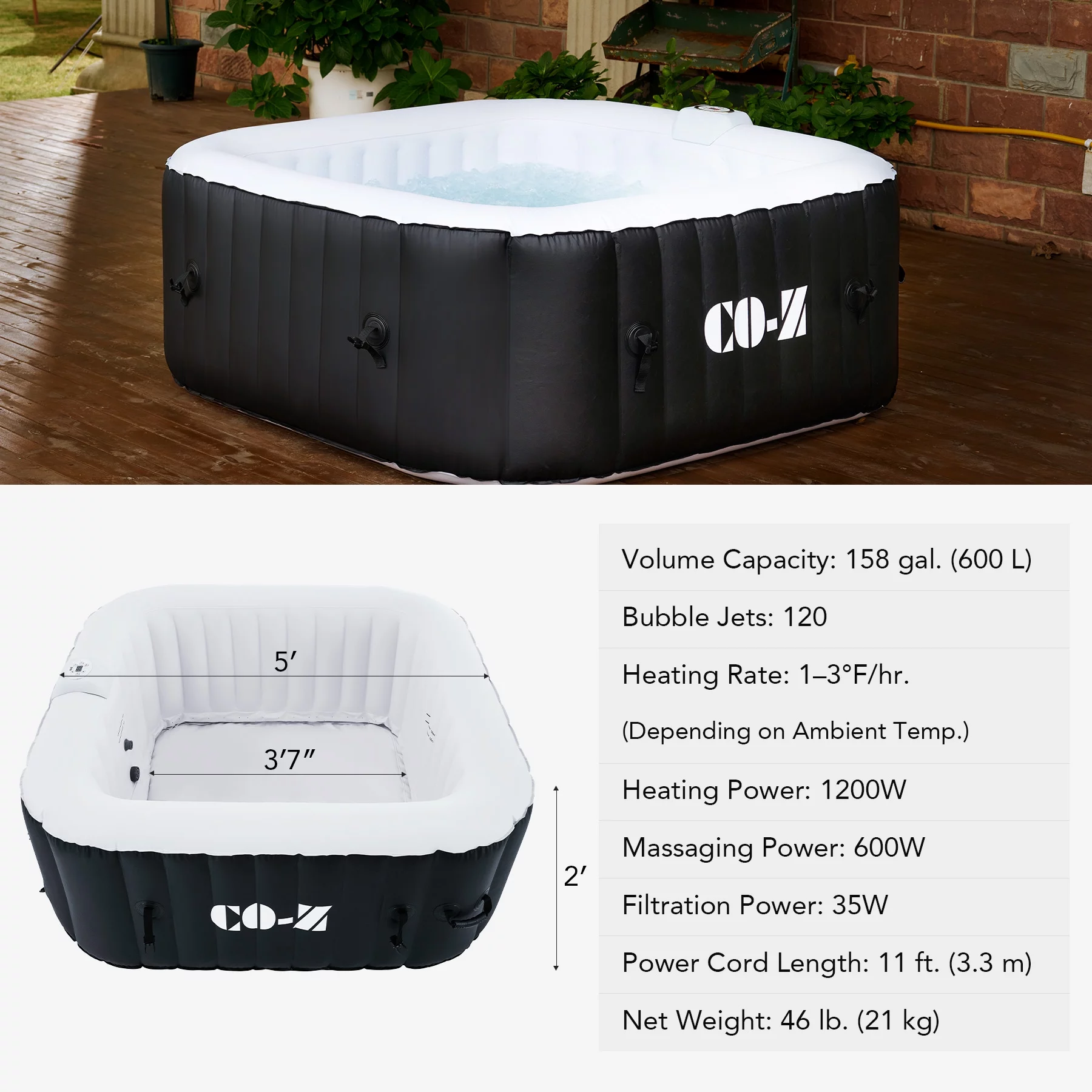 CO-Z 4 Person 5ft Inflatable Hot Tub Pool with Massage Jets and All Accessories Black