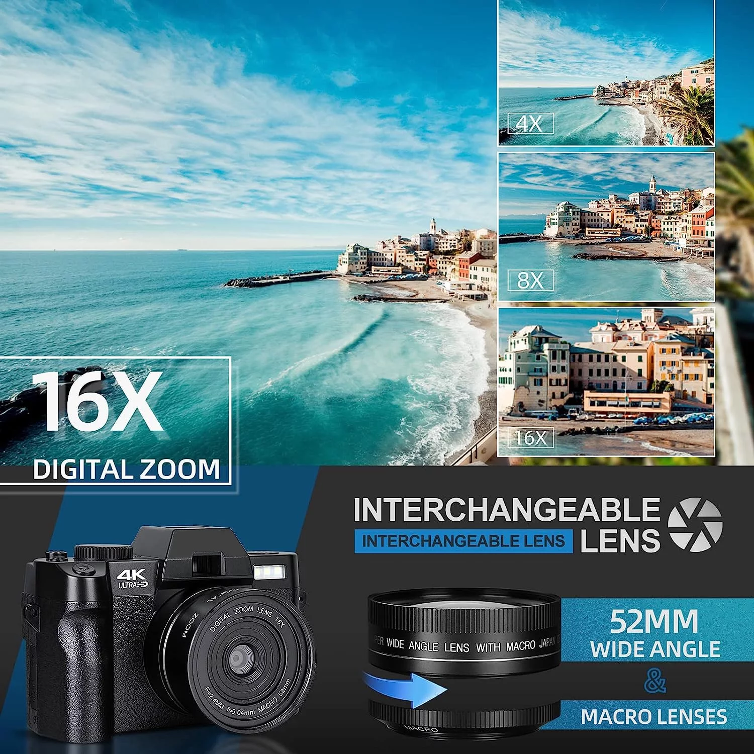 NBD Digital Camera 4K Ultra HD 48MP All-in-One Vlogging Camera with Wide Angle Lens, Digital Zoom 16x and 3″ Screen