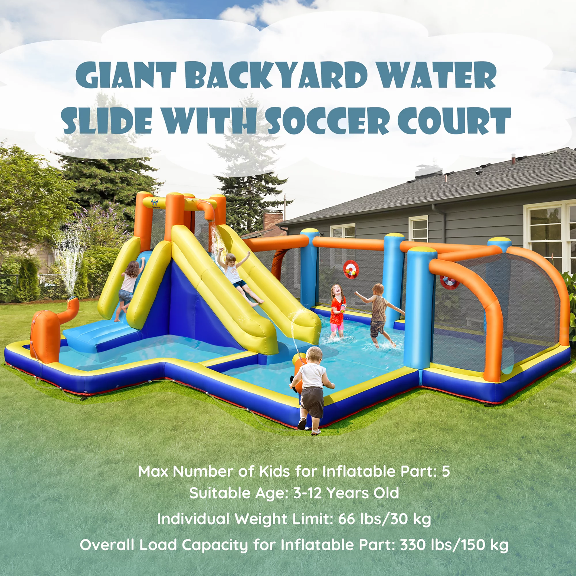 Costway Giant Soccer-Themed Inflatable Water Slide Bouncer W/ Splash Pool Without Blower