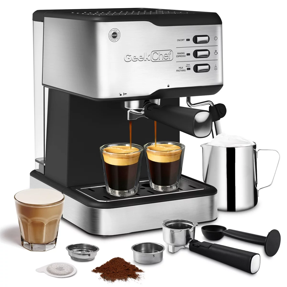 Geek Chef Espresso Machine, 20 Bar Espresso & Cappuccino Maker with with ESE POD Capsules Filter & Milk Frother Steam Wand, 1.5L Water Tank, Stainless steel