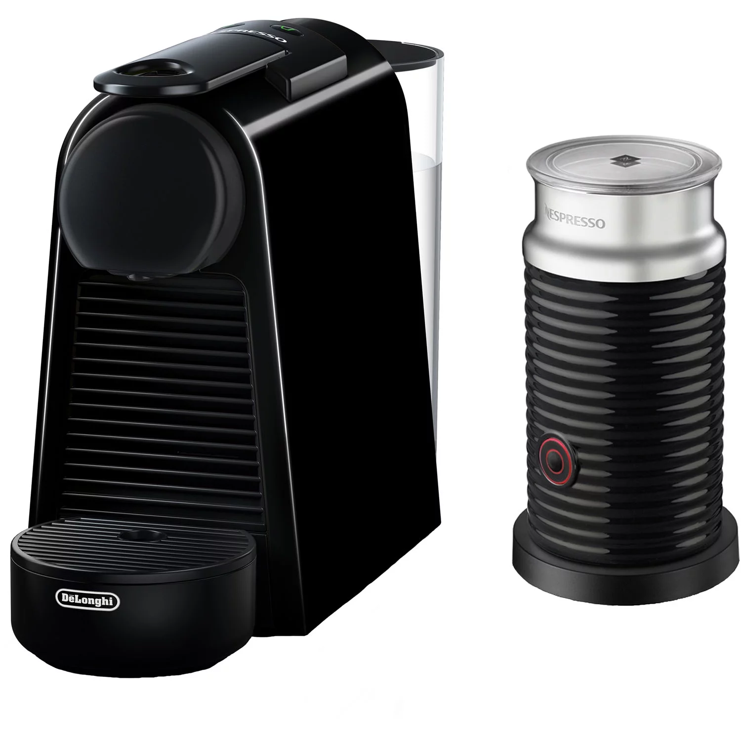 Nespresso by De’Longhi Essenza Mini Single-Serve Espresso Machine in Piano Black and Aeroccino Milk Frother in Black