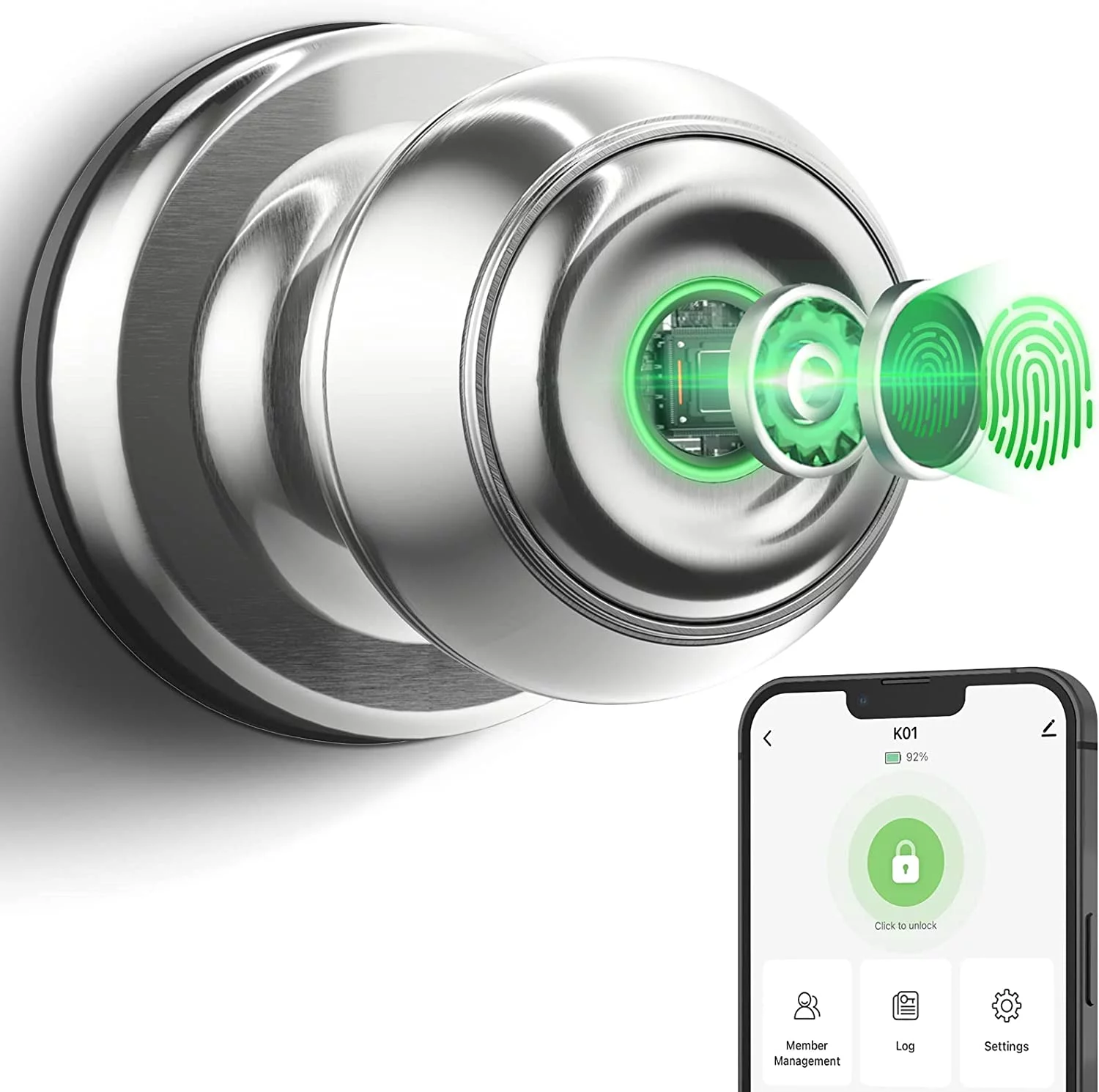 GEEKSMART Smart Door Lock, Fingerprint Door Lock Smart Lock Biometric Door Lock Fingerprint Door Knob with App Control, Suitable for Bedrooms,Cloakroom,Apartments Offices,Hotels, Silver