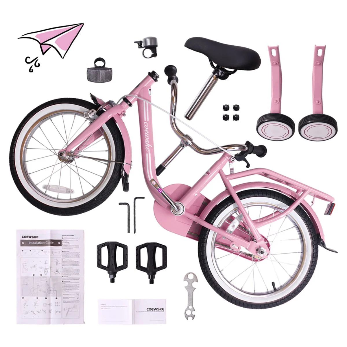 Coewske Kids Bicycle Girls and Boys 18 In. with Hand Brake and Kickstand, Pink