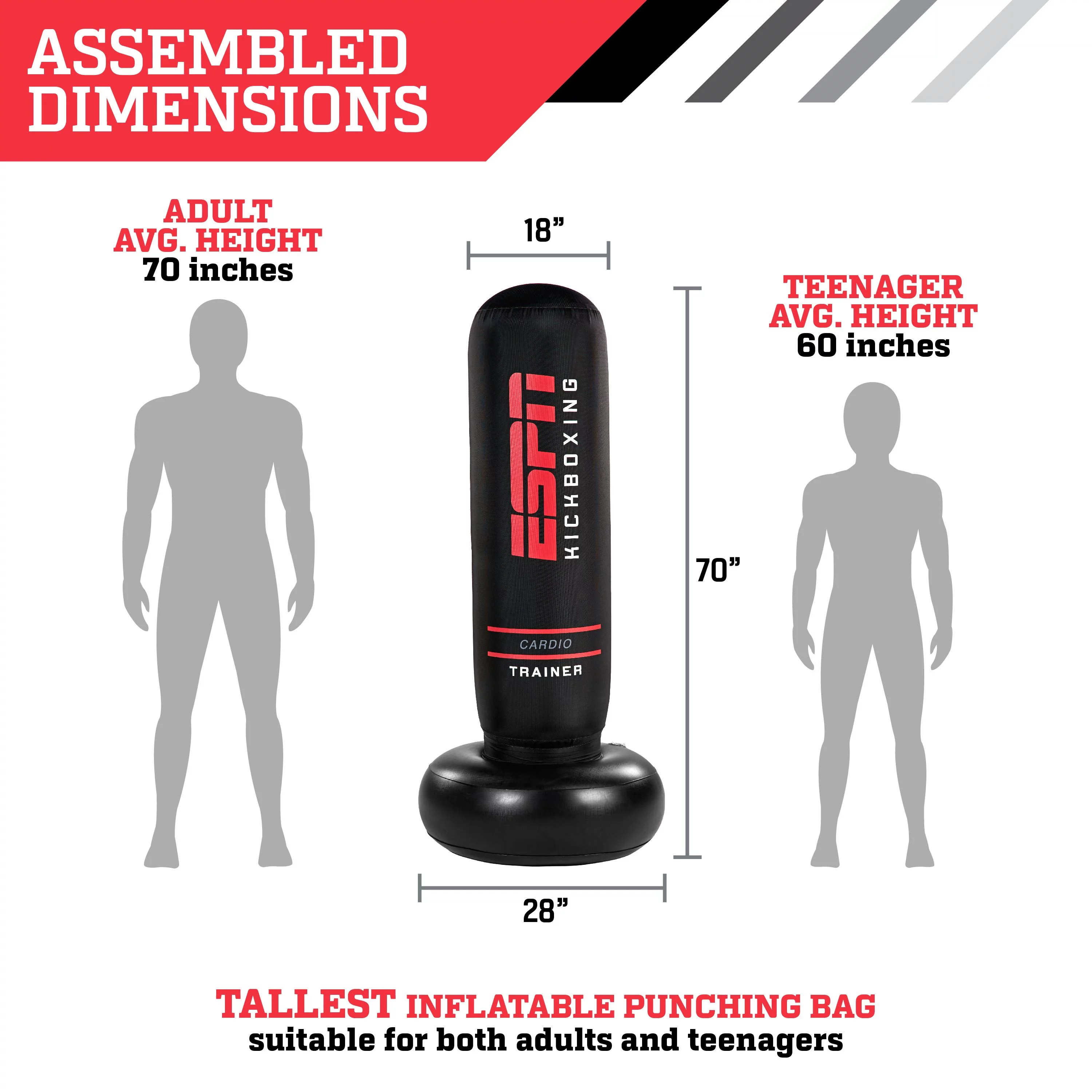 ESPN 70″ Tall Heavy Duty Inflatable Cardio Fitness Kickboxing Punching Bag, Black