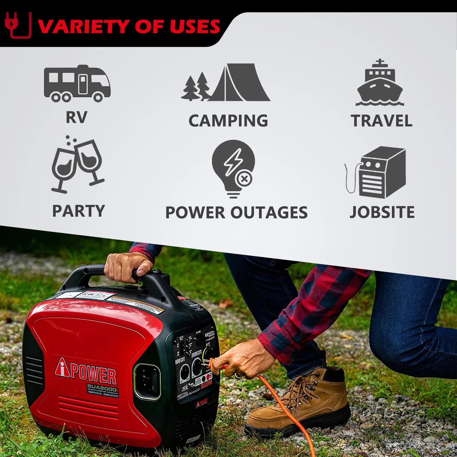 A-iPower Portable Inverter Generator, 2000W Ultra-Quiet RV Ready, EPA Compliant, Small & Ultra Lightweight For Backup Home Use, Tailgating & Camping