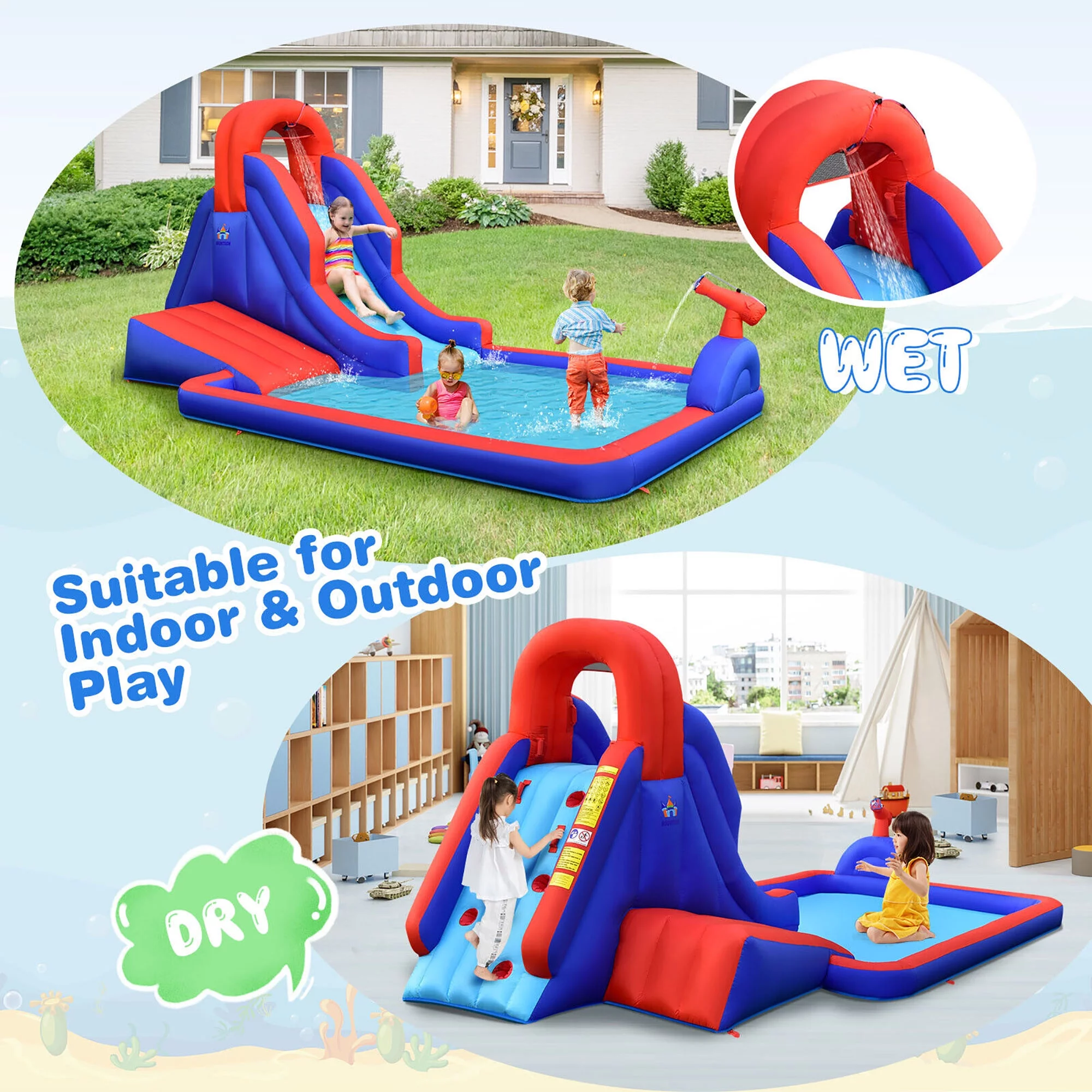 Gymax Inflatable Water Slide Park w/ Climb Slide Pool & 2 Swim Rings Blower Excluded