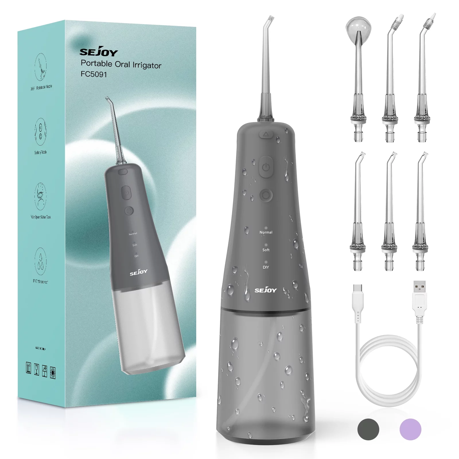 Sejoy Cordless Oral Irrigator, Professional Dental Water Flosser with 300mL Tank, USB Rechargeable Teeth Cleaner for Home and Travel for Oral Care, Gray