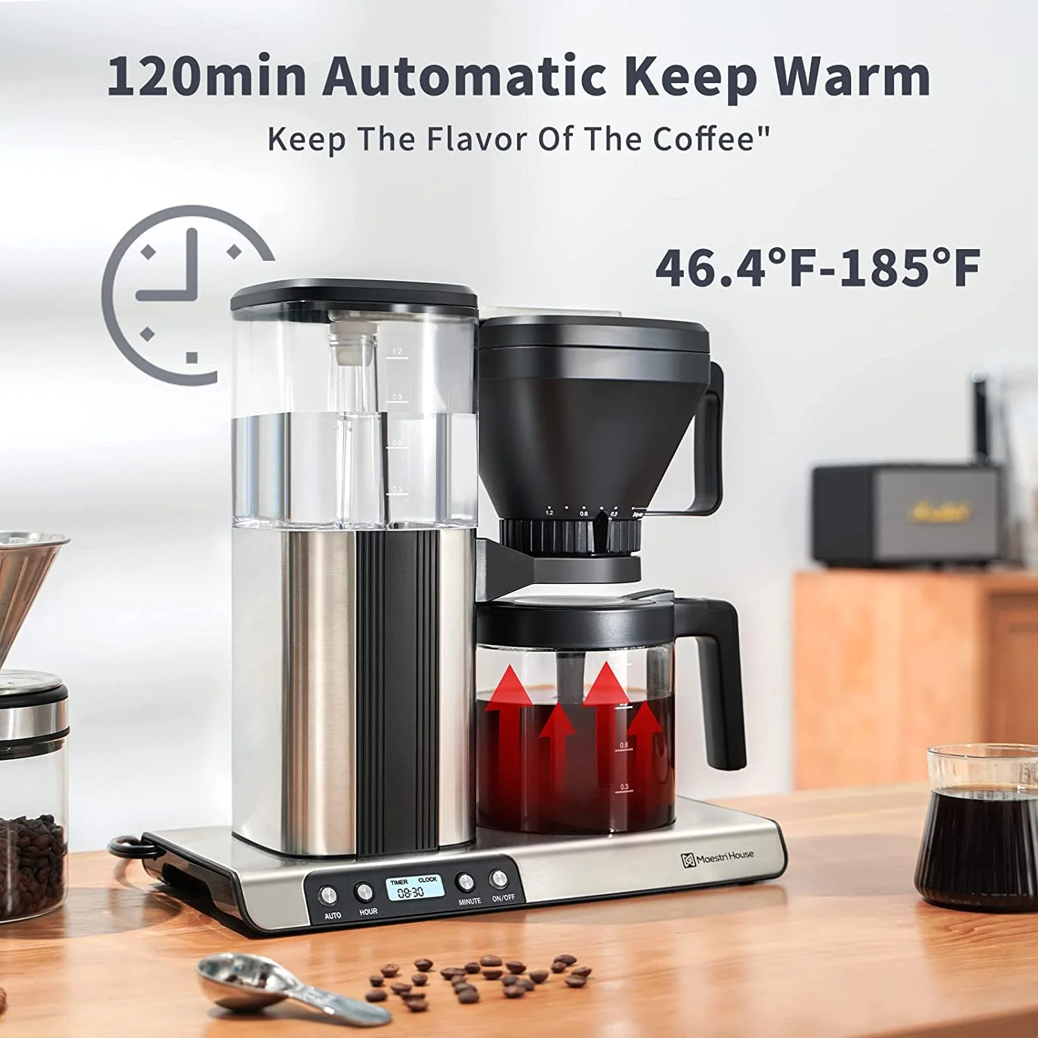 Maestri House Coffee Maker, 8-Cup Drip Coffee Machine, One-Touch Brewing Coffee Machine with Warming Plate, Automatic Drip Coffee Pot, 1.2L Water Tank