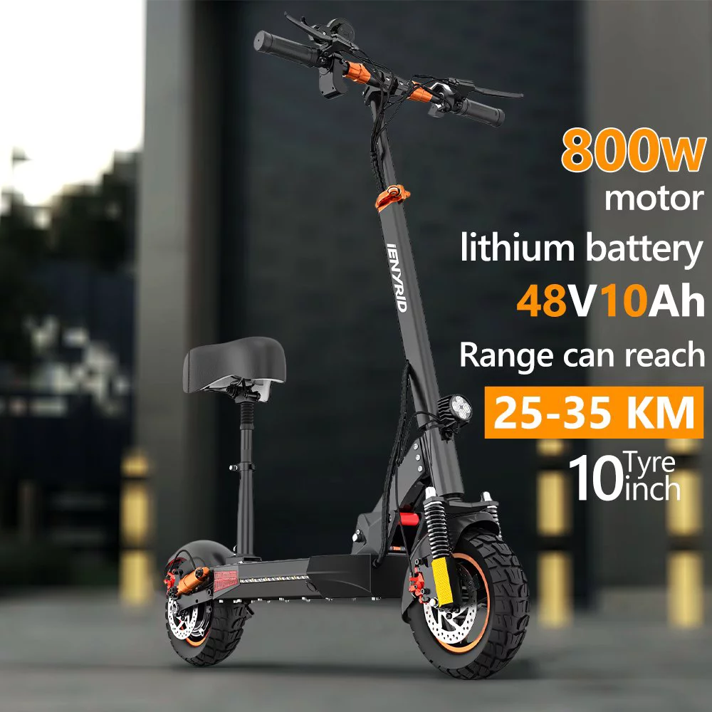 Electric Scooter Adult with Seat, Foldable E-Scooters for Adults with 10″ Off-road Pneumatic Tires, 800W Motor, LED Headlights, Double Brake System Black