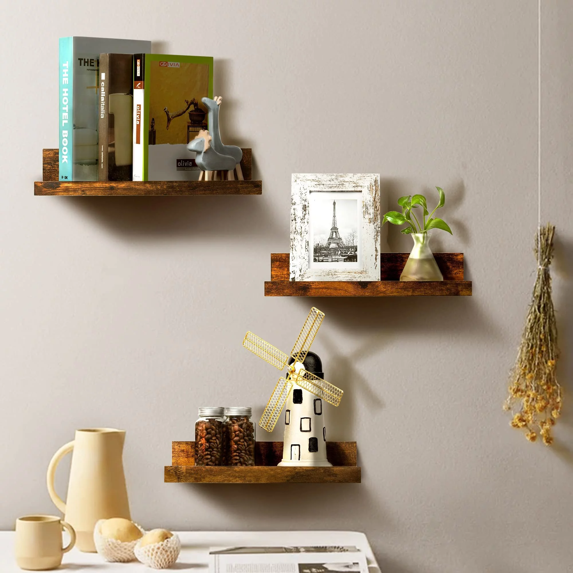 Floating Shelves, Upsimples Home Wood Shelf Wall Mounted, Set of 5, Multiple Sizes, Black