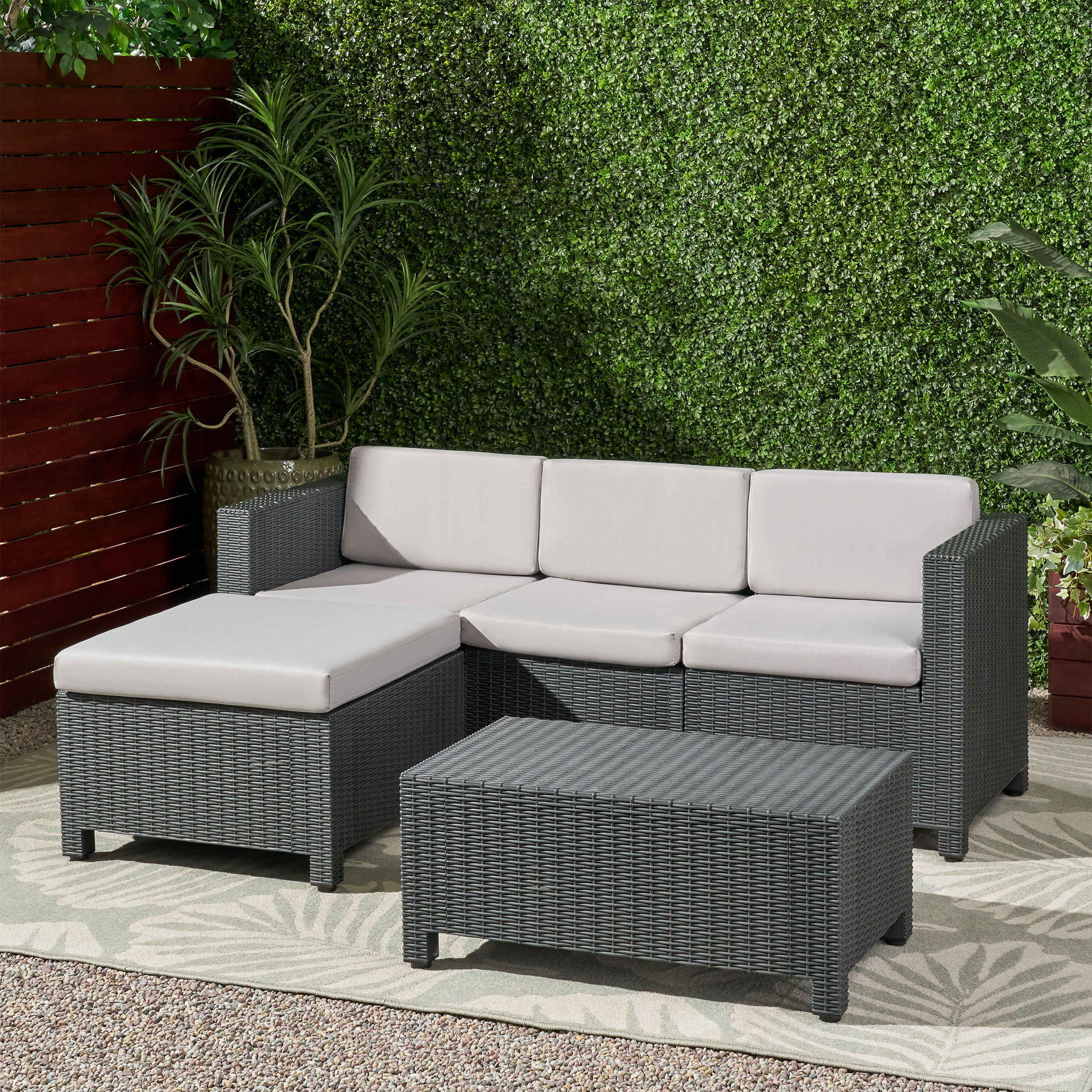 GDF Studio Riley Outdoor Faux Wicker 3 Seater Sectional Set with Ottoman, Gray