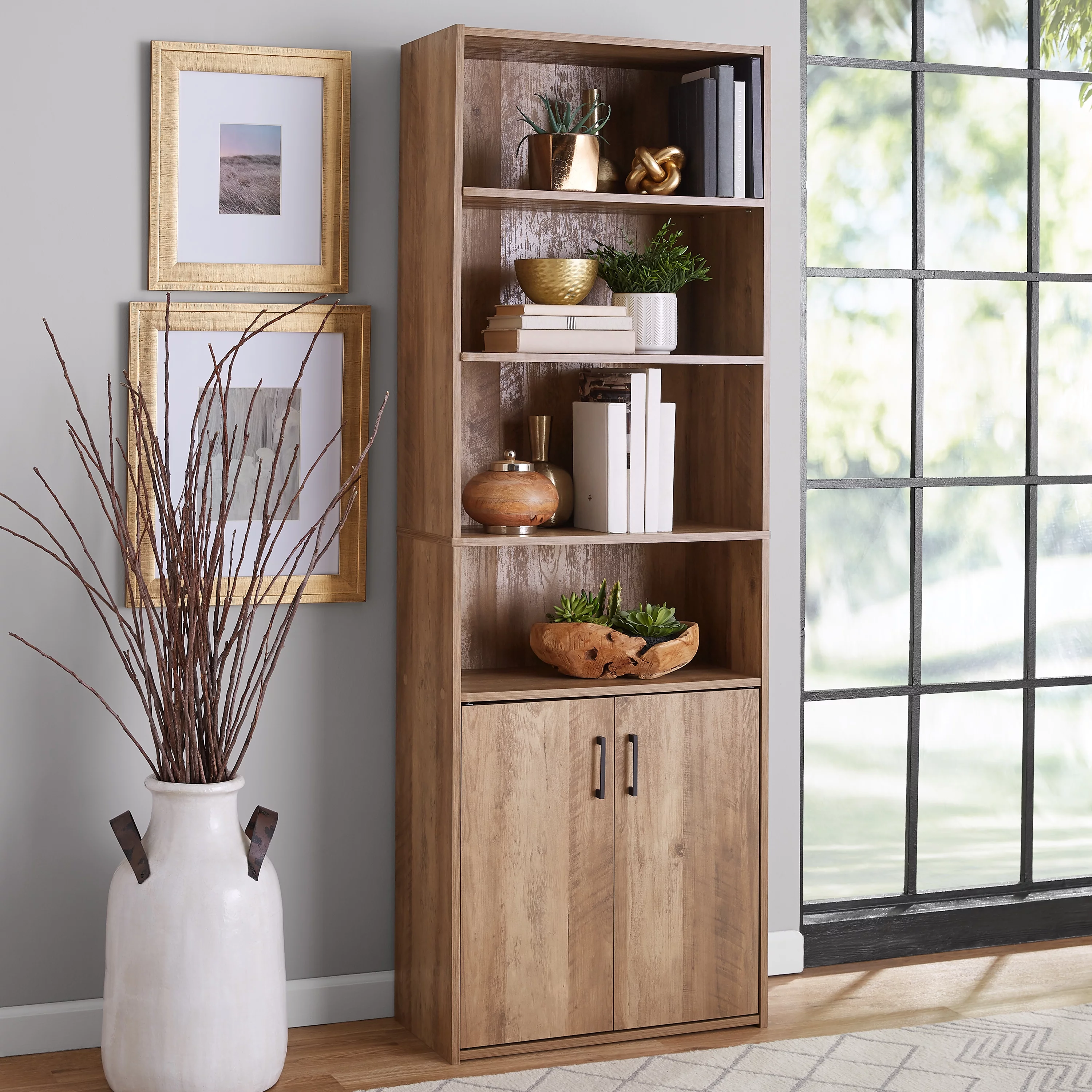 Mainstays Traditional 5 Shelf Bookcase with Doors, Black Finish