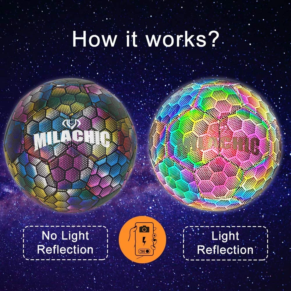 MILA CHIC Soccer Ball, Holographic Soccer Ball Size 4 & Size 5, Reflective Glowing Soccer Ball Gift for Boys, Girls, Men Indoor-Outdoor Soccer Training