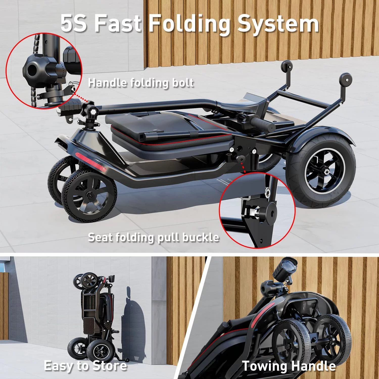 4 Wheel Foldable Electric Mobility Scooter for Adults, 3-Speeds Electric Powered Wheelchair Device 265 lbs Capacity for Seniors, Clear and Simple Control Panel