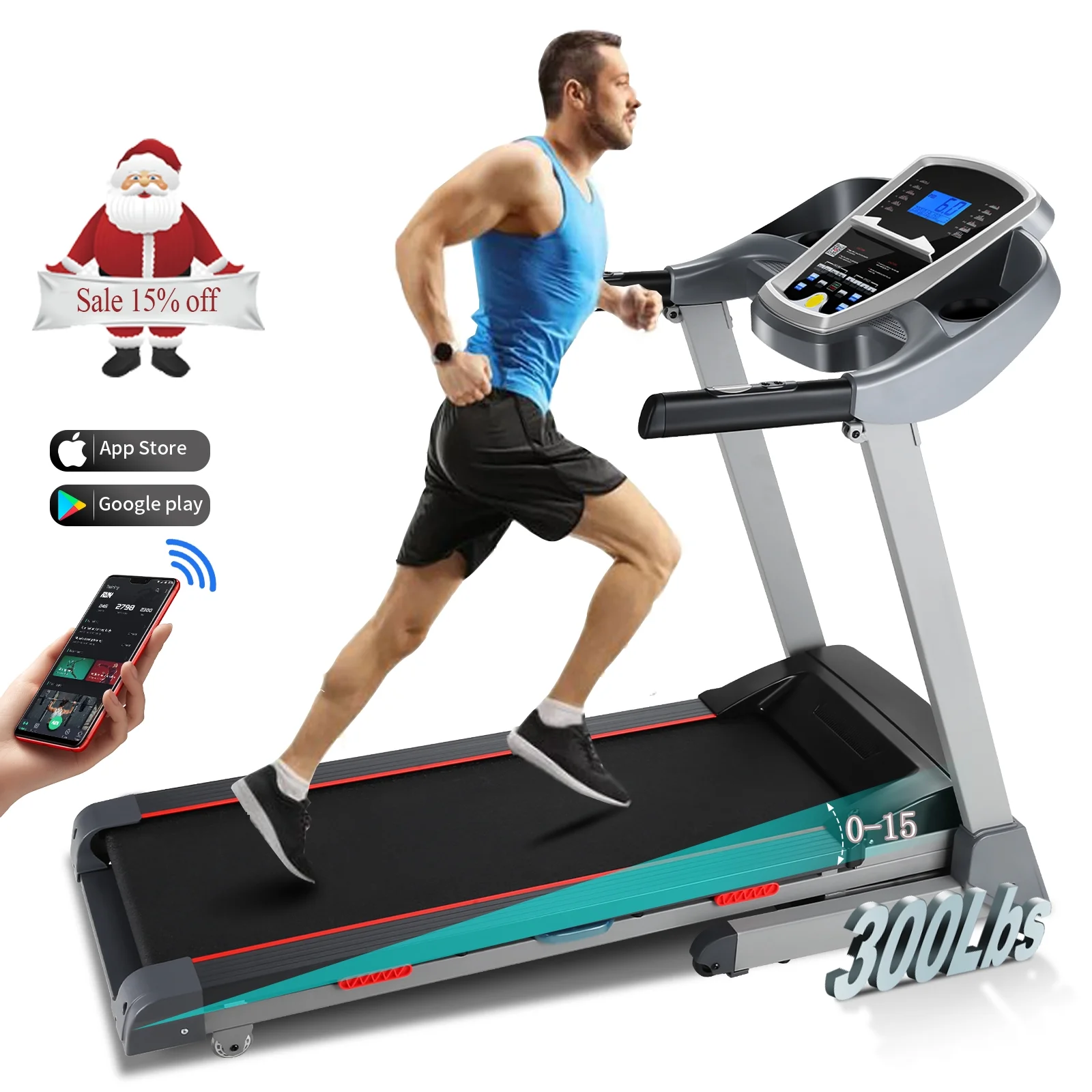 Treadmill with 15-level Auto Incline, 300LBS Electric Treadmill for Home Gym Cardio Training, 3.25HP Running Machine Home Exercise, Smart APP & Audio Speakers, LED