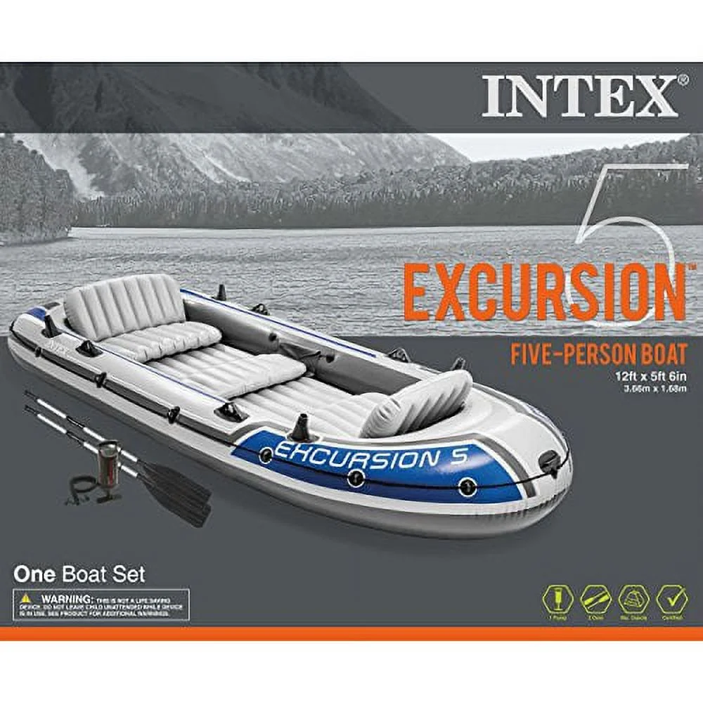 Intex 68325EP Excursion Inflatable 5 Person Heavy Duty Fishing Boat Raft Set with 2 Aluminum Oars & High Output Air Pump for Lakes & Mild Rivers, Gray