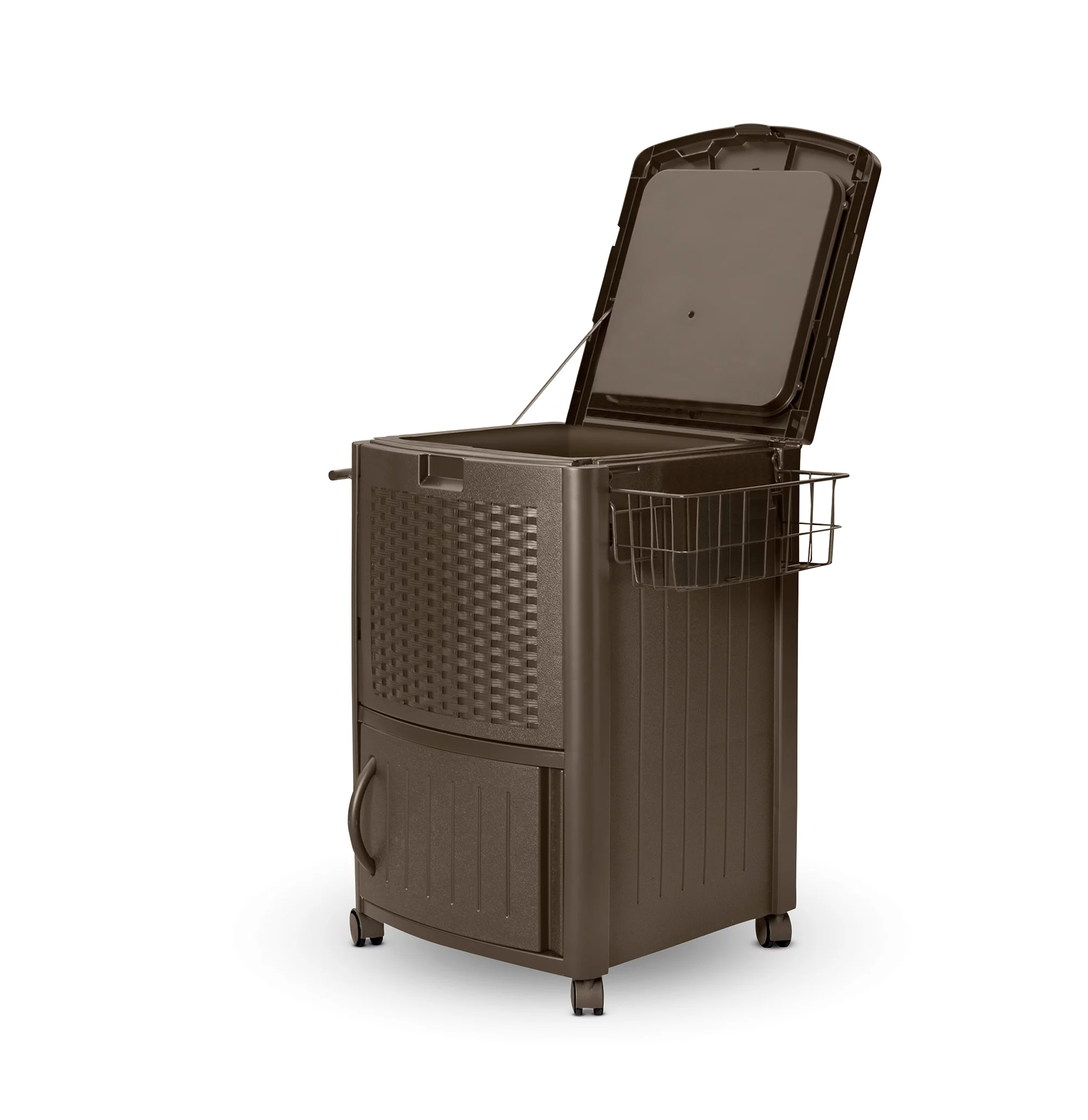 Suncast DCCW3000D 77 Quart Resin Wicker Patio Cooler with Cabinet & Wire Basket