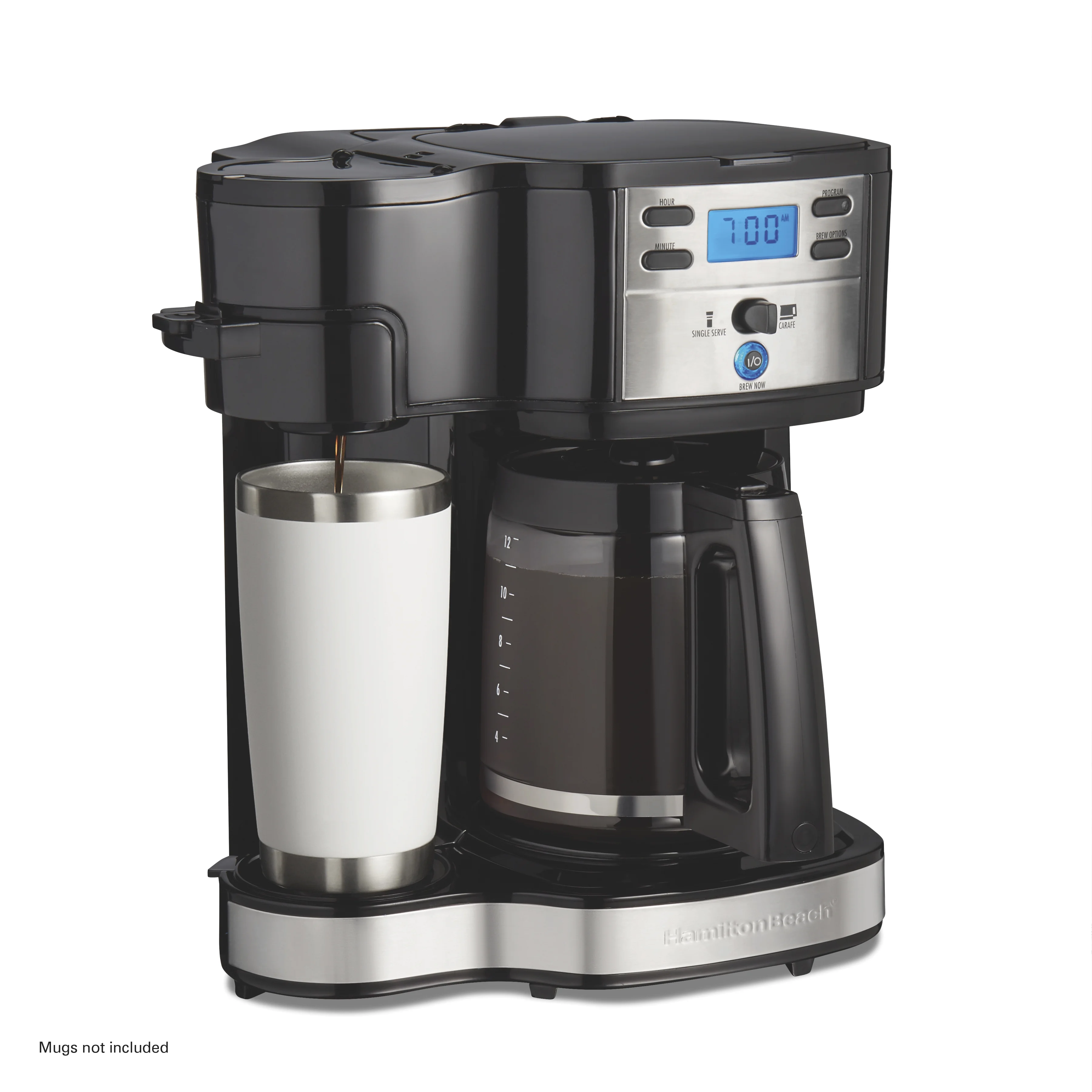 Hamilton Beach 2-Way Programmable Coffee Maker, Single-Serve and 12-Cup Pot, Glass Carafe, Stainless Steel, New, 47650