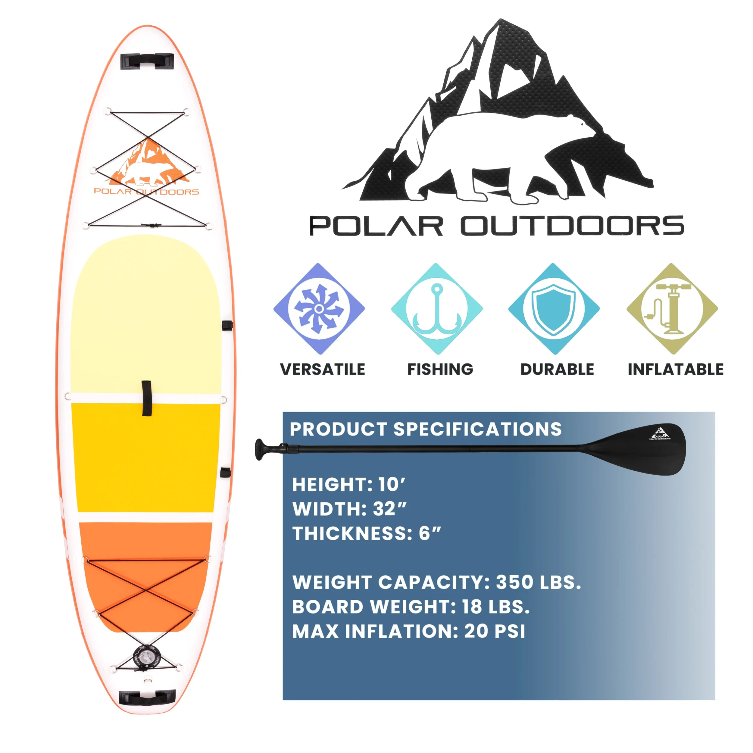 Polar Outdoors Inflatable Stand Up Paddle Boards By Roc Paddle Boards with Premium SUP Paddle Board Accessories, Wide Stable Design, Non-Slip Comfort Deck for Youth & Adults