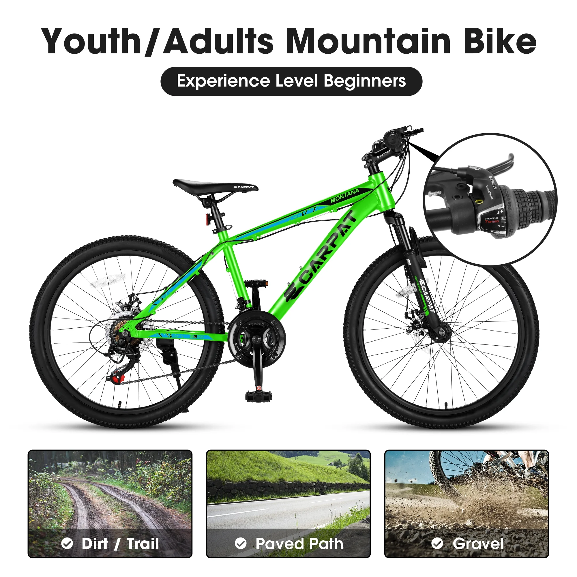 24 inch Mountain Bike Aluminium Frame Bike 21-Speed with Disc Brake Bicycle for Adults Men Women – Green