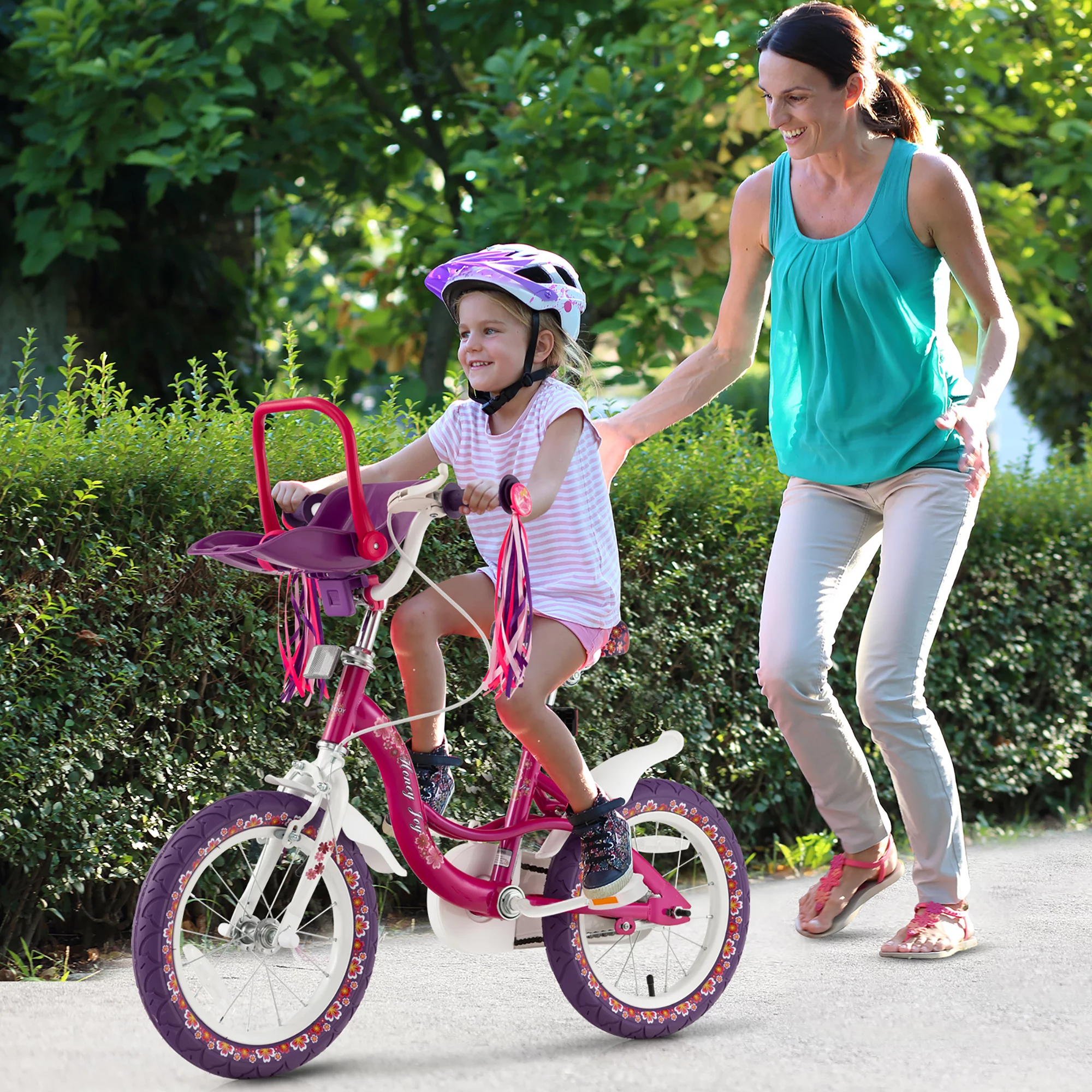 Costway 14” Kids Bike with Doll Seat Girls Bicycle with Training Wheels for 3-5 Years Old Girl