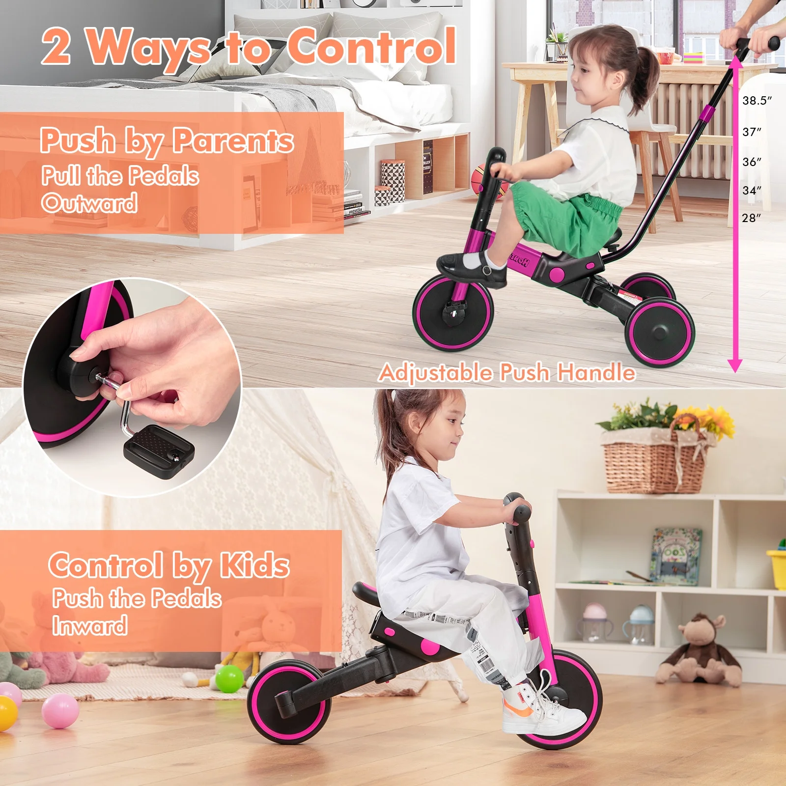 Infans 4-in-1 Kids Tricycle Foldable Toddler Balance Bike with Parent Push Handle Pink