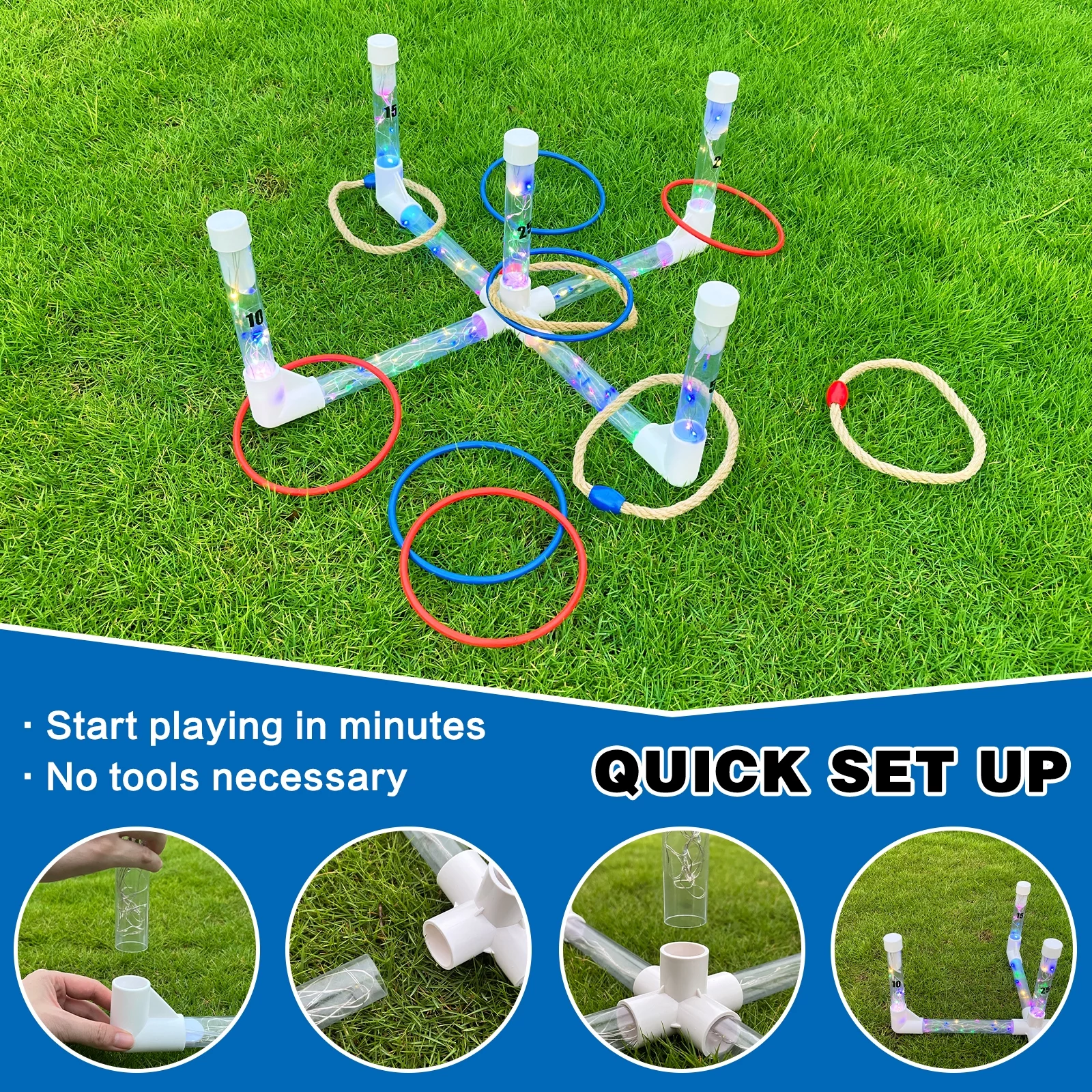 OTTARO Ring Toss Games for Kids with Led Lights – Outdoor Yard Game for Adults & Family – Easy to Set up W/ Compact Carry