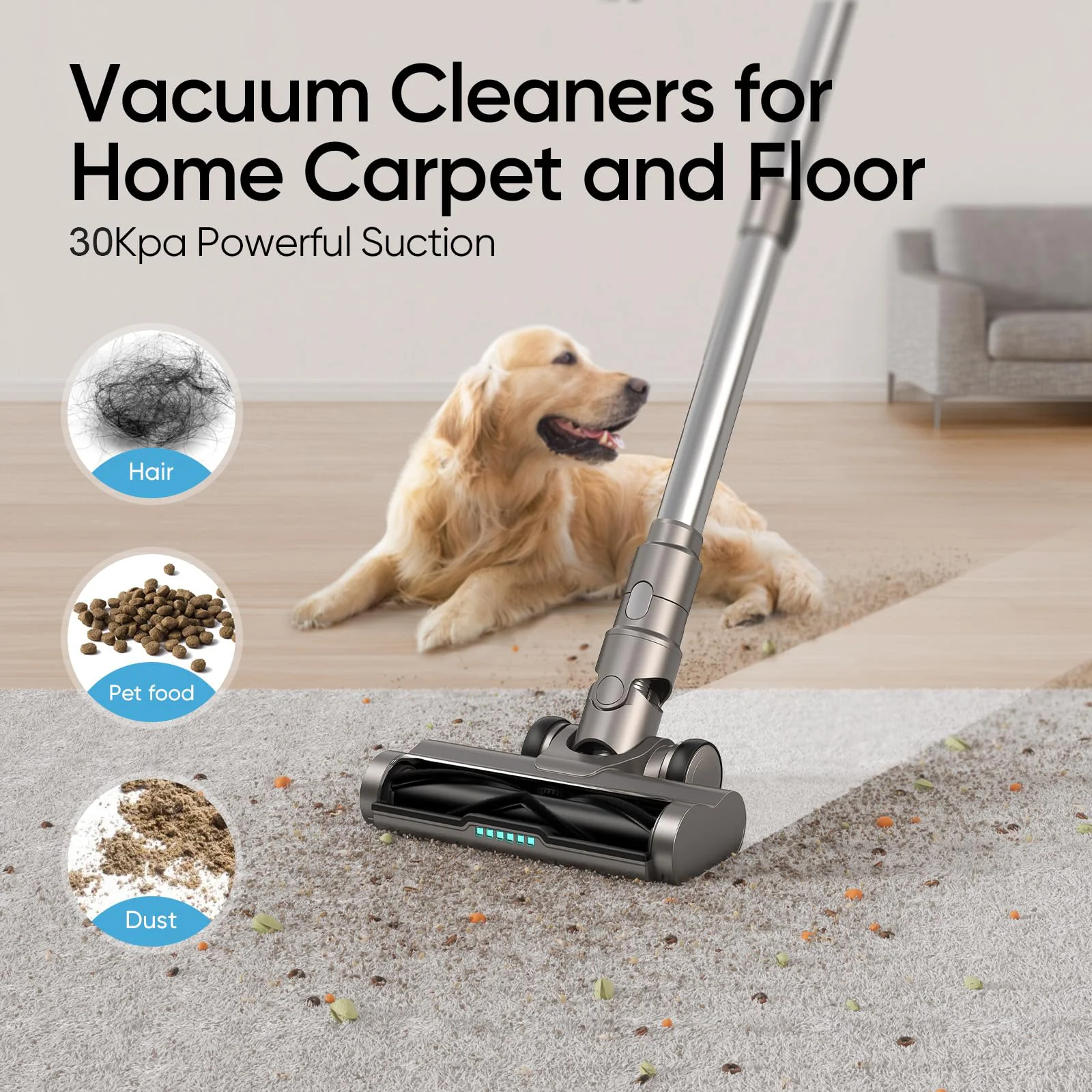 MOOSOO 30kPA Cordless Stick Vacuum Cleaner, Anti-Clogging Mode, LED Display, Enhanced Visibility