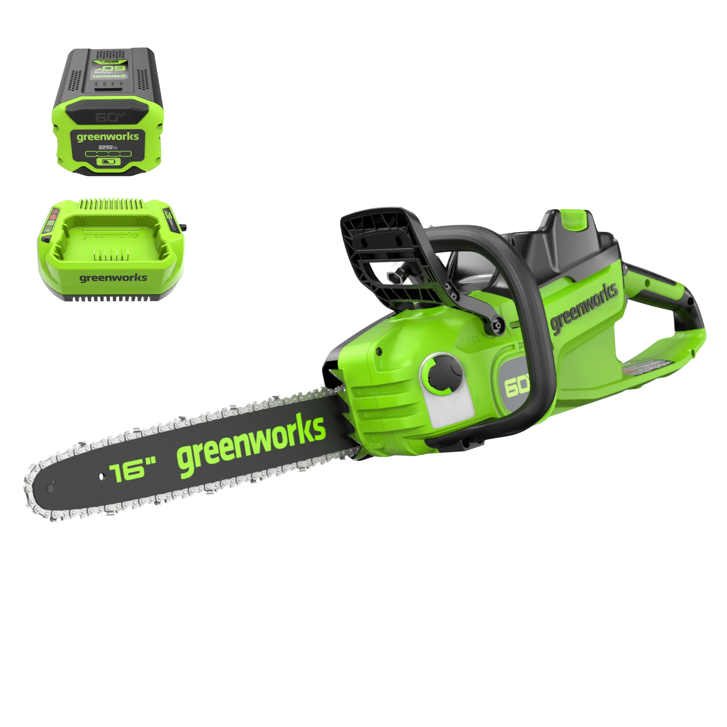 Greenworks 60V 16″ 1.5kW Brushless Chainsaw with 2.5 Ah Battery & 3 Amp Charger 2028602