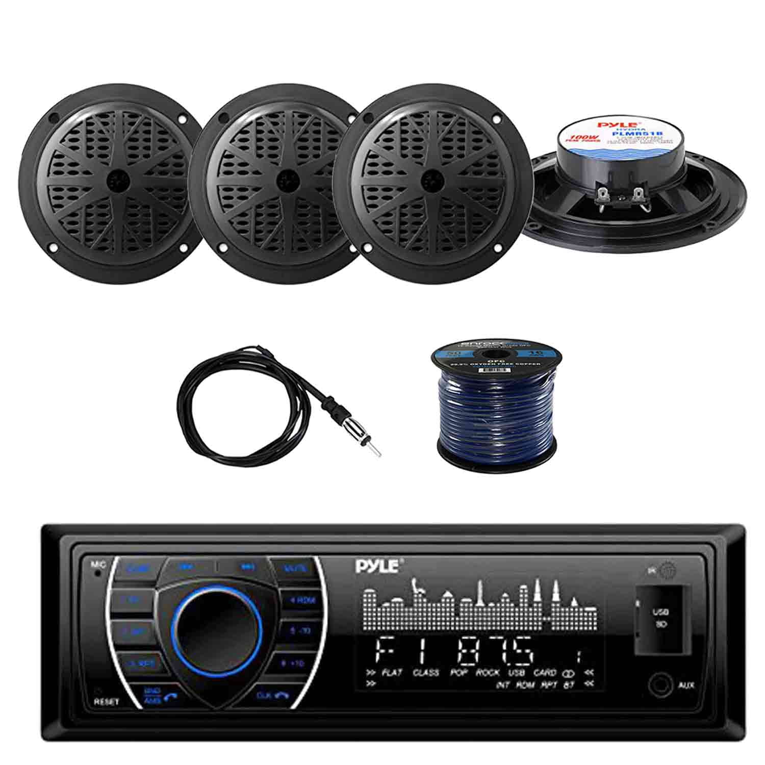 PYLE PLRMR27BTB Marine Bluetooth Receiver Stereo(Black) w/Pyle 100W 5.25” 2-Way Marine Speakers(2-Pairs), Enrock Marine Antenna & Enrock Marine 50′ 16G Speaker Wire