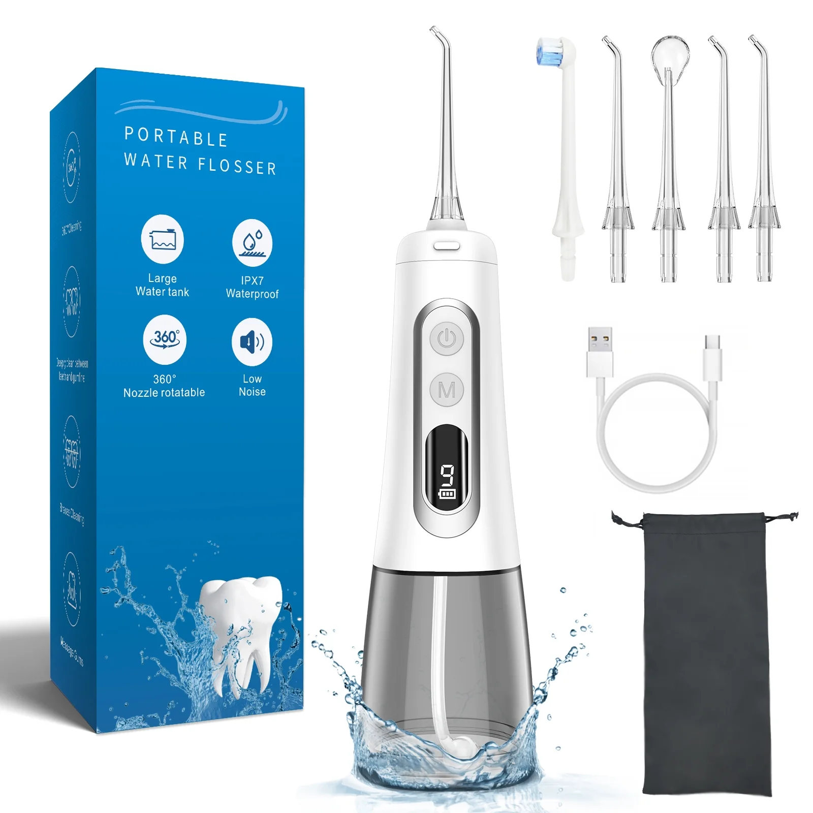 Jungle Wave Cordless Water Flosser, 300ML Large Water Tank Water Dental Flosser with LED Display,9 Modes 5 Jet Tips, IPX7 Waterproof, suitable for Home &Travel Use??White??