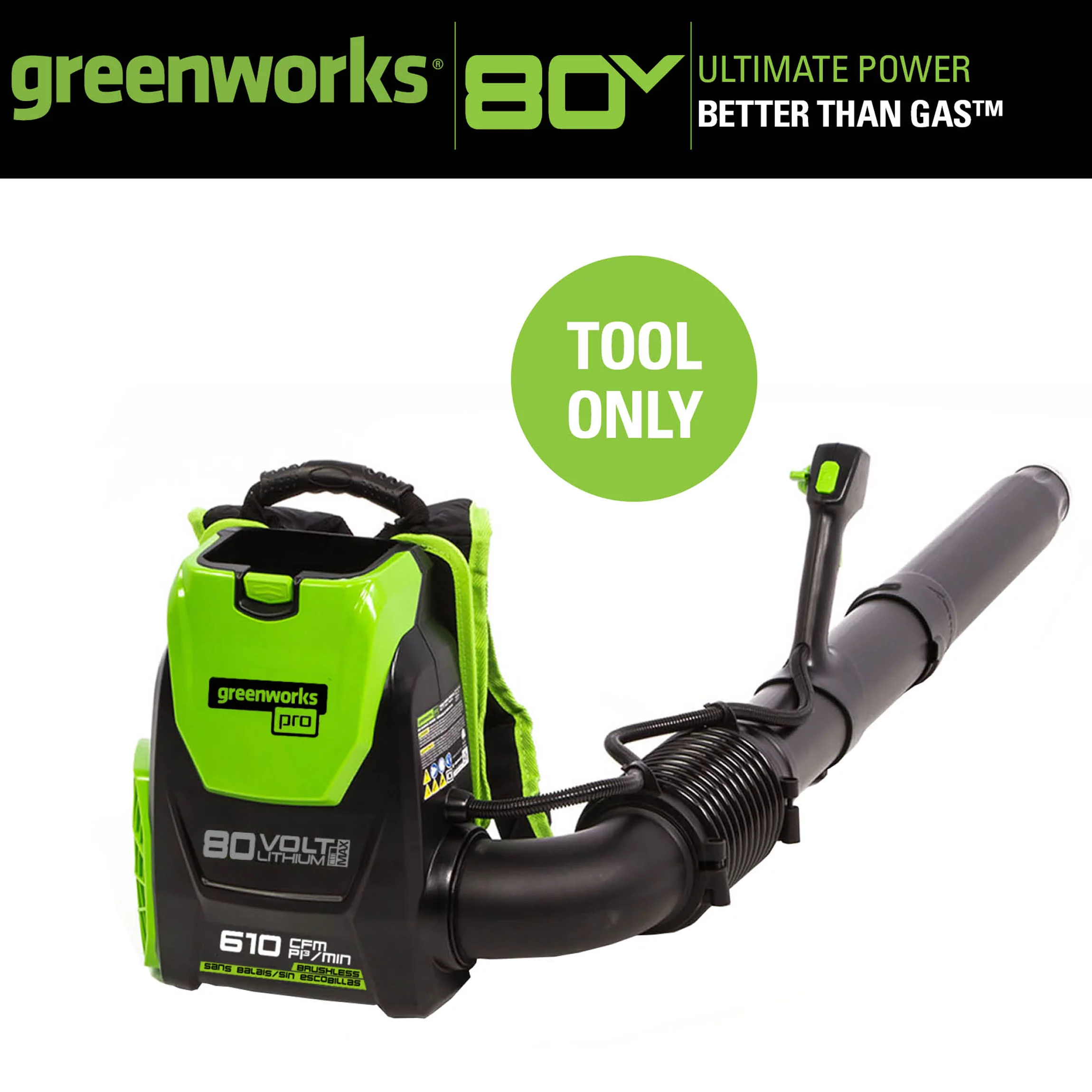 Greenworks 80V 580 CFM Cordless Brushless Backpack Blower, Battery Not Included, 2403802