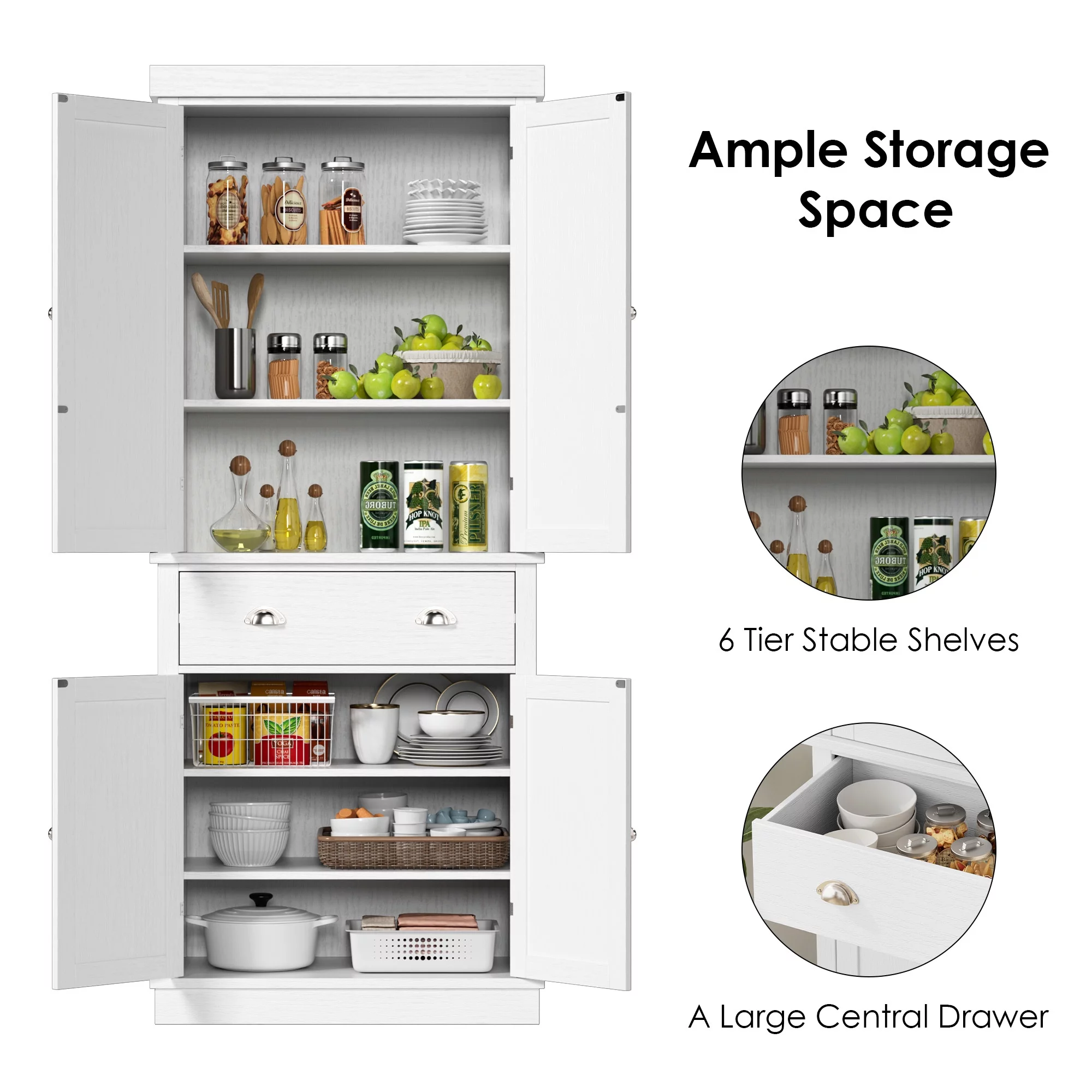 Homfa 72.4” Tall Kitchen Pantry with 4 Doors, Large Drawer Shelves Wood Storage Cabinet for Dining Room Living Room, White