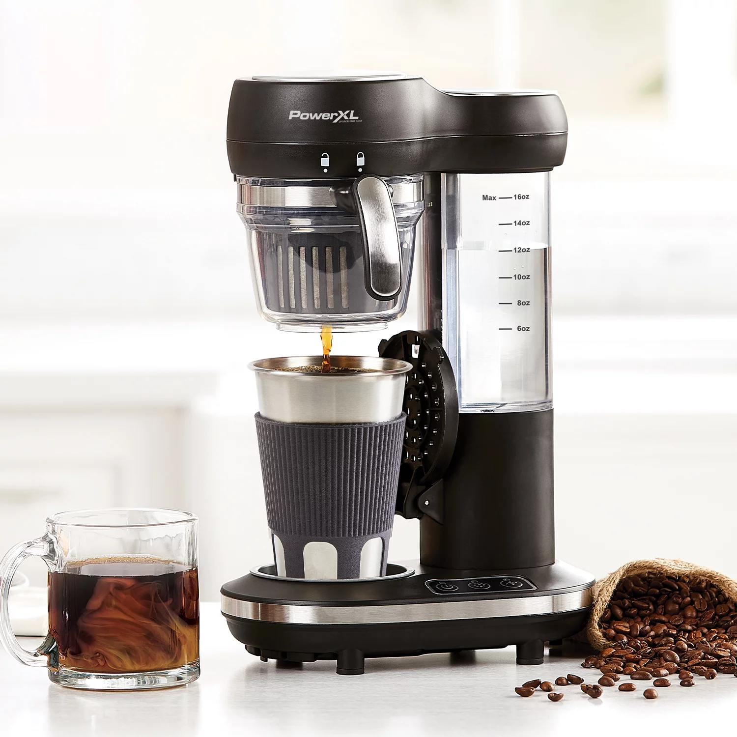 PowerXL Grind and Go Plus Coffee Maker, Automatic Single-Serve Coffee Machine with 16-Oz