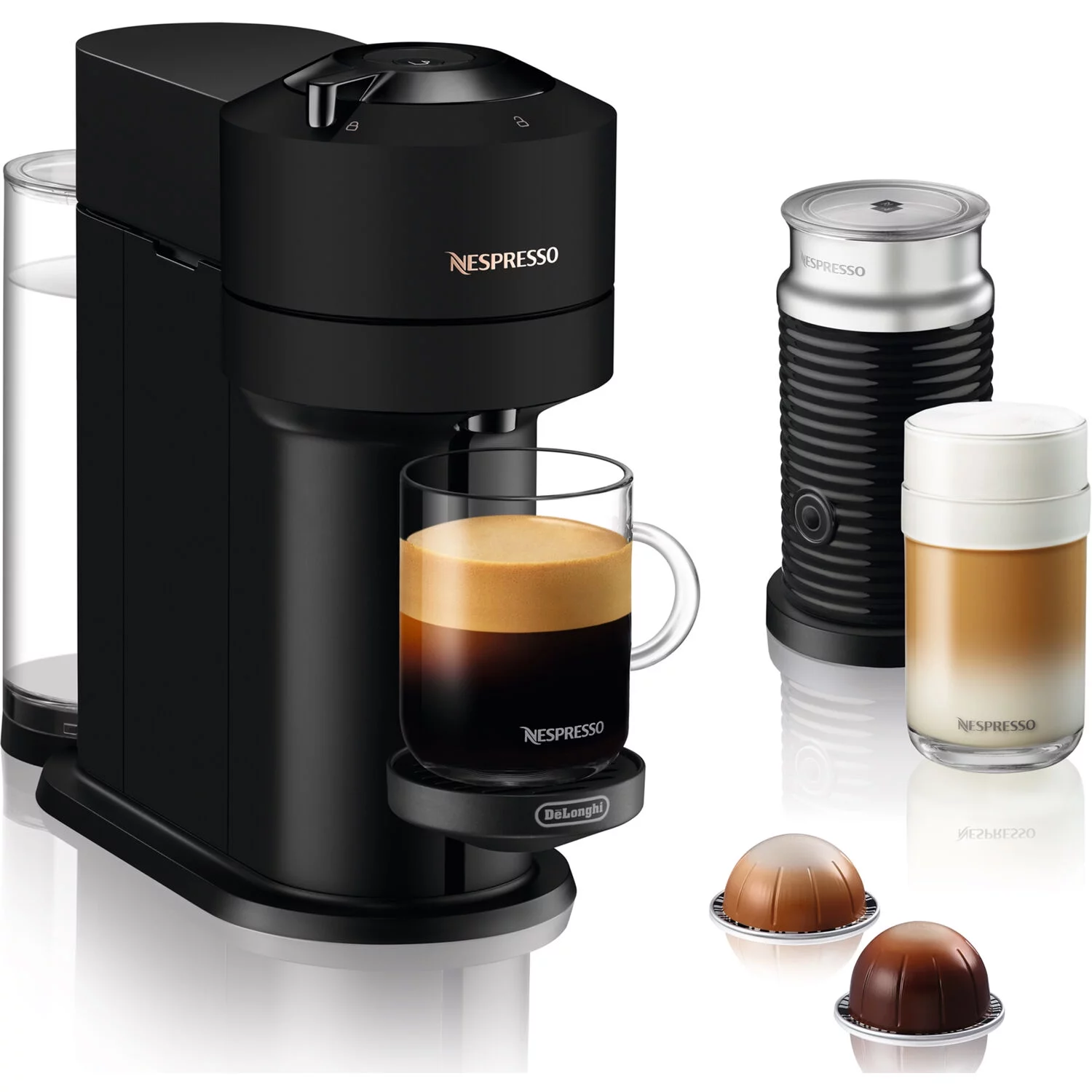 Nespresso by De’Longhi Vertuo Next Premium Coffee and Espresso Maker in Black Matte plus Aeroccino3 Milk Frother in Black