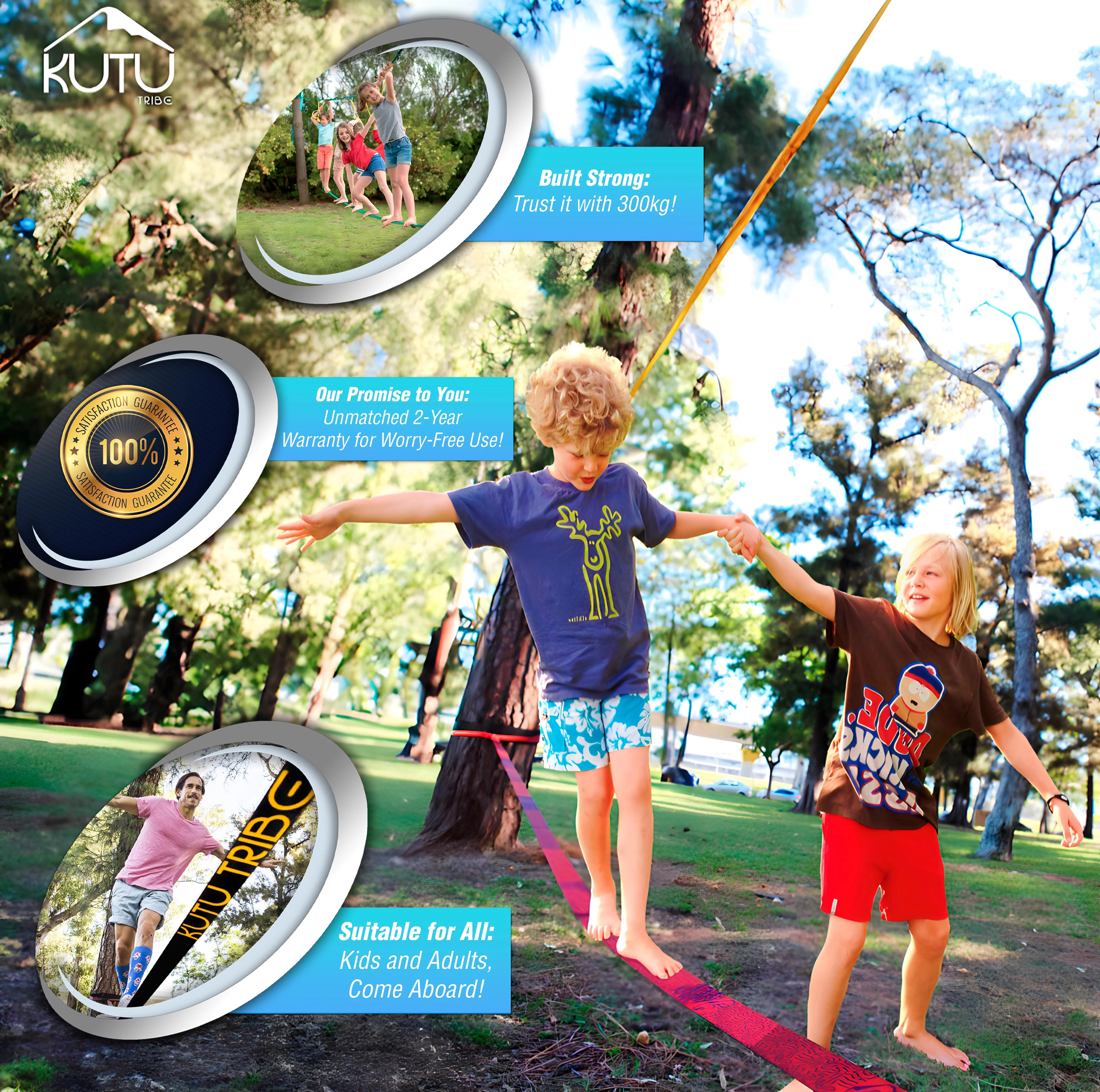 Kutu Tribe Fun Slackline Kit 60 feet Slack Line for Adults and Kids with Training Line